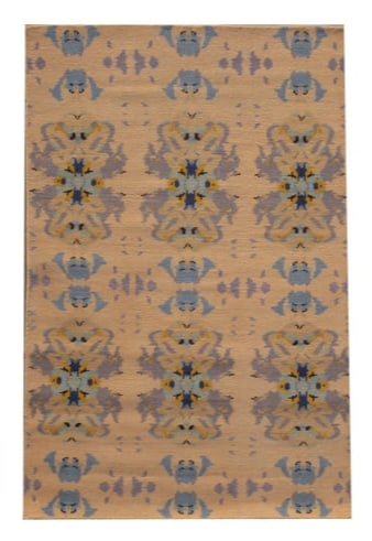 5X8 Modern Hand-Knotted Wool Area Rug: Hand-knotted wool pile on a cotton foundation. Size: 4'10" x 8' Country of Origin: India Age: New Condition: Excellent Field Color: Camel Accent Color: Light-Blue, Lavender, Dusty-Blue, Dark Brown, Mu