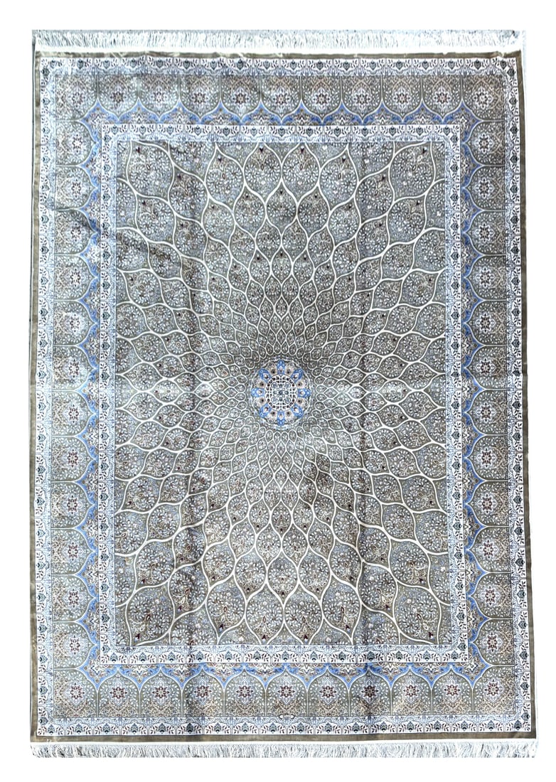 8X10 Tufted Pure Silk Area Rug Gonbad (1000 KPSI): Tufted art silk pile on a art silk foundation. (1000 KPSI) Dimensions: 7'9" x 9'10" New Origin: Turkey Field Color: Brown Border Color: Ivory Accent Colors: Blue, Green, Burgundy SKU: 110.01-01.31.25-