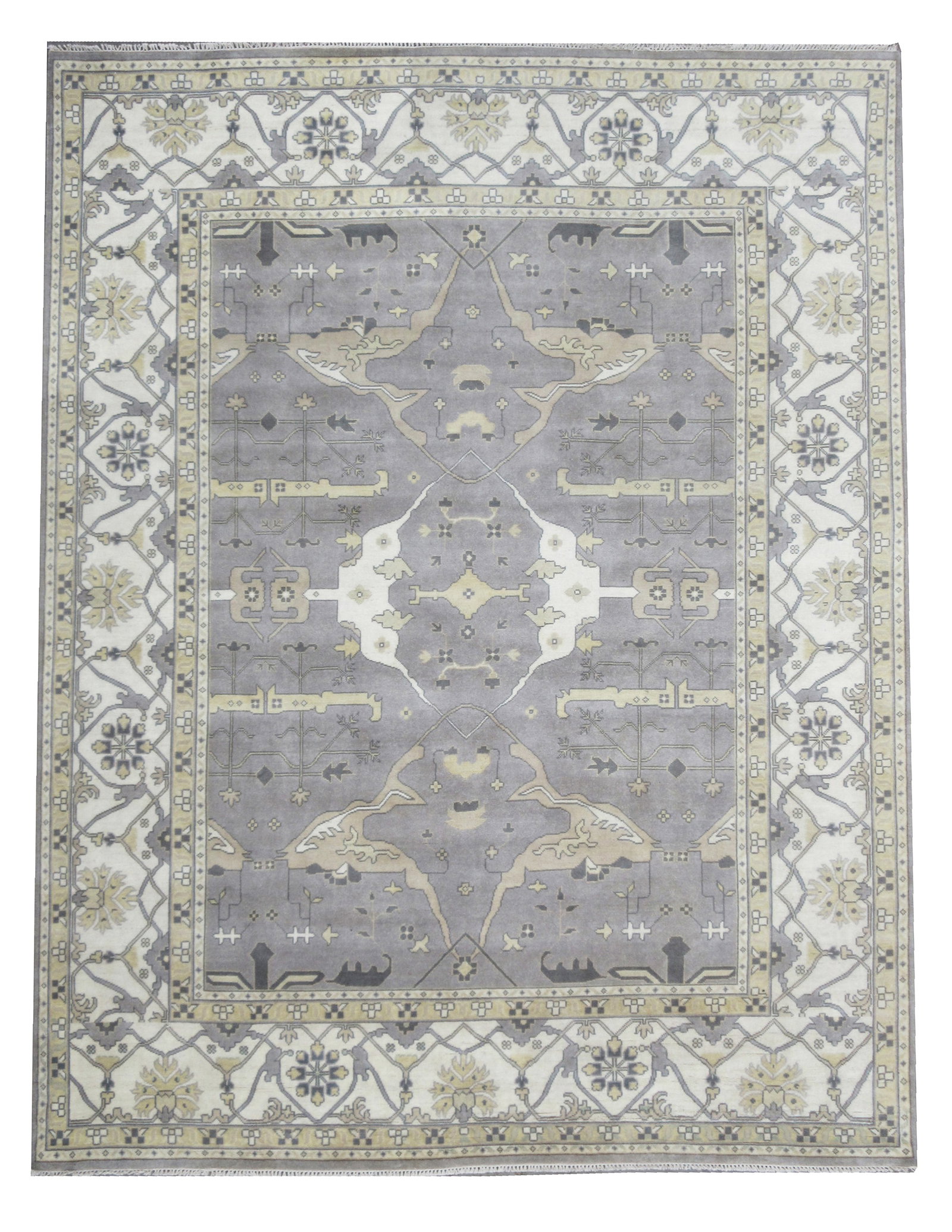 12X15 Oushak Hand-Knotted Rug: Hand-knotted wool pile on a cotton foundation. Dimensions: 12' x 14'7" New Origin: India Field Color: Gray Border Color: Ivory Accent Colors: Tan, Beige SKU: 84.01-08.13.21-12X15-94-AL092-EAMT