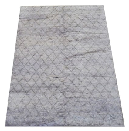 6X9 Moroccan Trellis Area Rug: Hand-knotted wool pile on a cotton foundation. Size: 6' x 8'10" Country of Origin: Morocco Age: New Condition: Excellent Field Color: Gray-Gold Blend Accent Color: Light-Green SKU: 73.6-11.25.20-6X9-3
