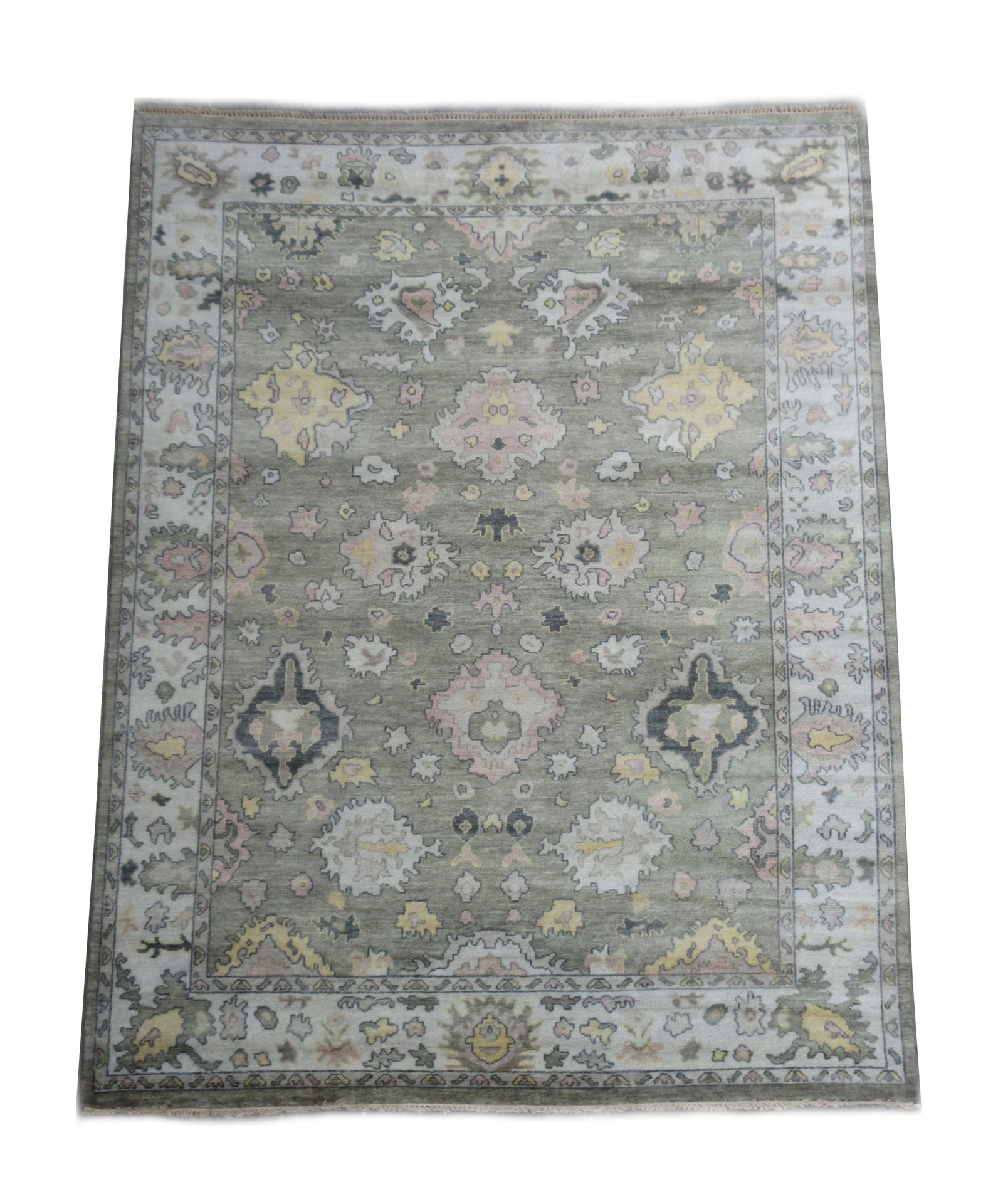9X12 Green Oushak Hand-Knotted Wool Area Rug: Hand-knotted, wool pile on a cotton foundation. Dimensions: 9' x 11'8" Origin: India Field Color: Green Border Color: Ivory Accent Colors: Gold SKU: 88.12-03.02.22-9X12-60-AM051-ETMK