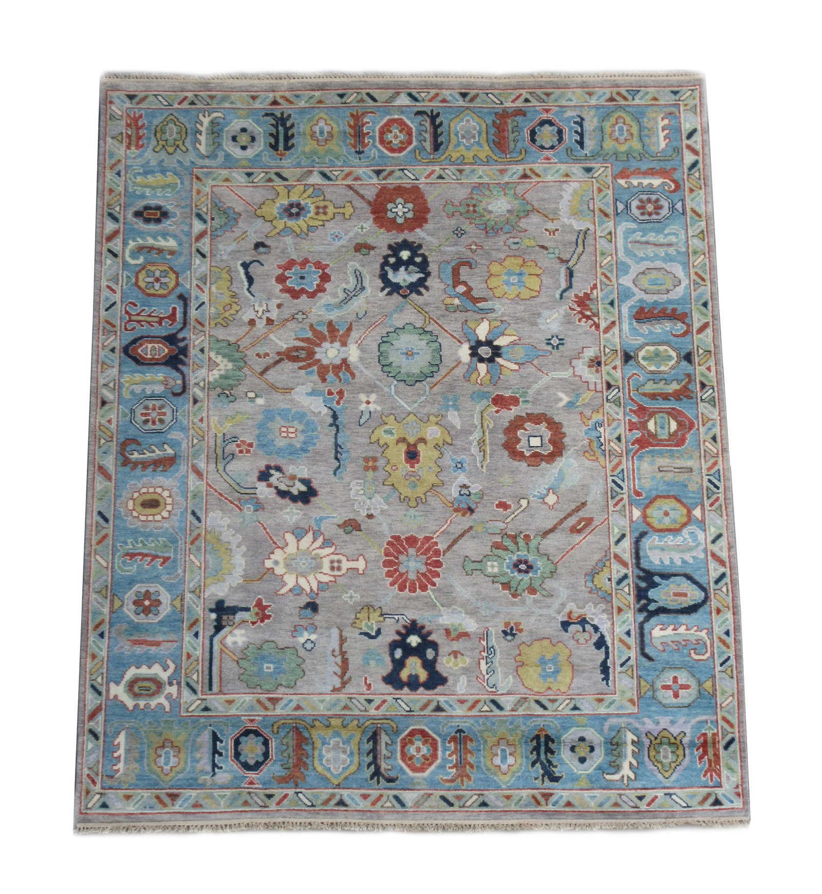 8X10 Oushak Hand-Knotted Wool Area Rug: Hand-knotted, wool pile on a cotton foundation. Dimensions: 8'1" x 9'8" Origin: India Field Color: Light-Brown Border Color: Light-Blue Accent Colors: Gold, Ivory, Green SKU: 88.18-03.02.22-8X10-51-AM