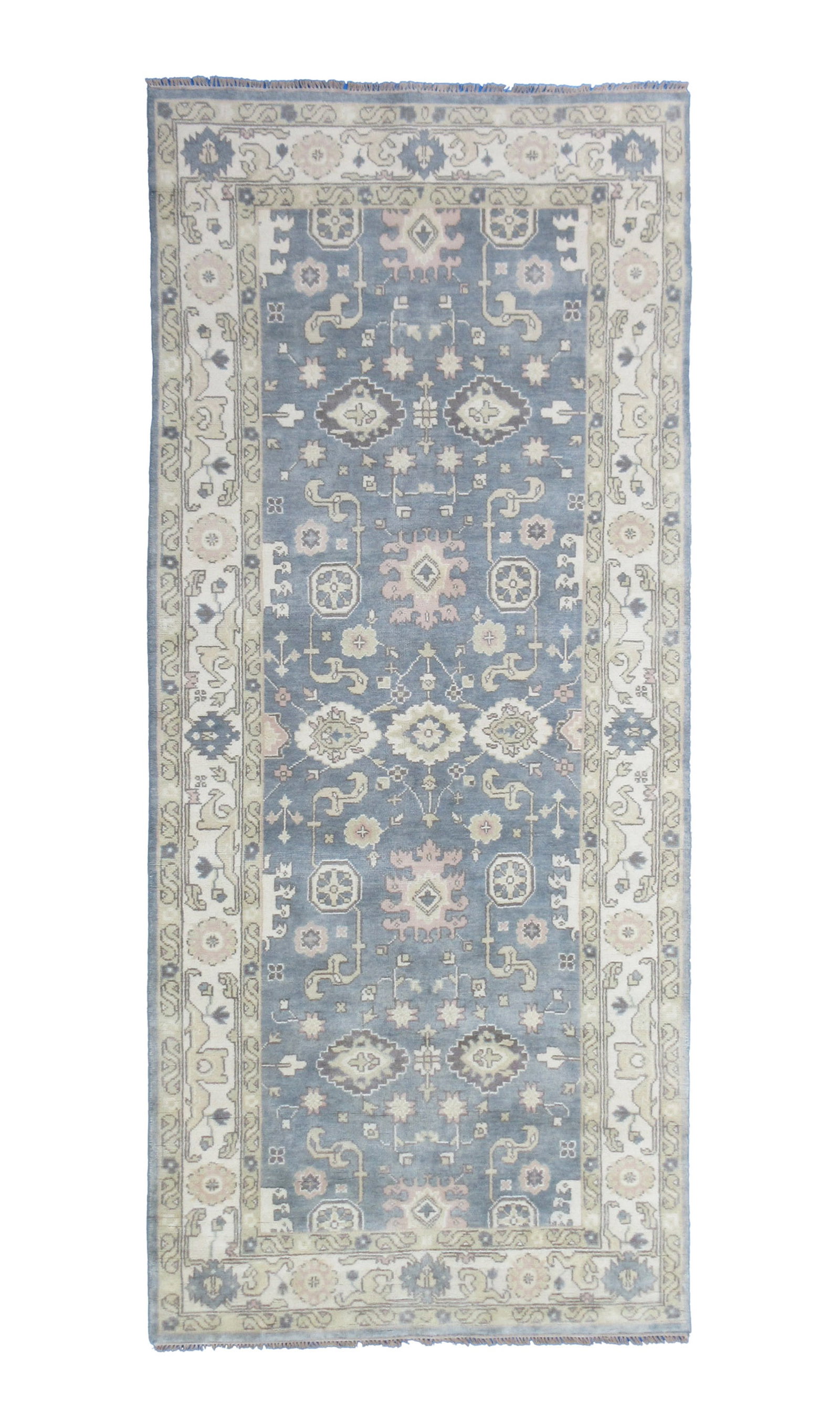 6X14 Slate-Gray Oushak Gallery Runner: Hand-knotted, wool pile on a cotton foundation. Dimensions: 6' x 13'9" Origin: India Field Color: Slate-Gray Border Color: Ivory Accent Colors: Beige, Pale-Pink SKU: 89.55-06.22.22-6X14-43-AM207