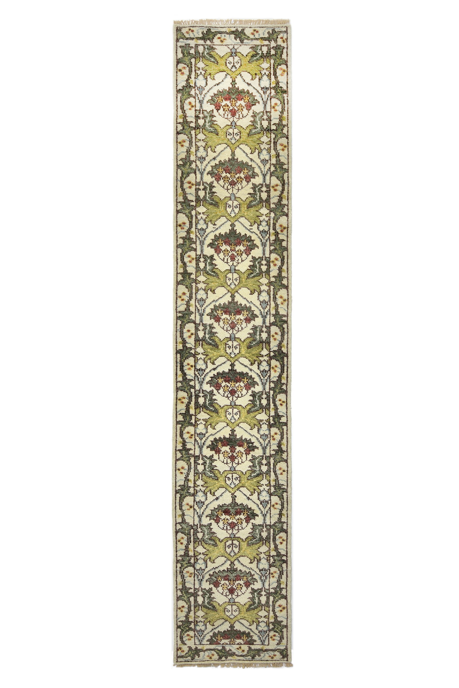 3X18 Ivory William Morris Inspired Runner Area Rug (2'6" x 18'): Approximately 2'6" x 18' Hand-knotted wool pile on a cotton foundation. Origin: India New Condition: Excellent Field Color: Ivory Border Color: Ivory Accent Colors: Green, Light-Green, Yellow, Red, Bl