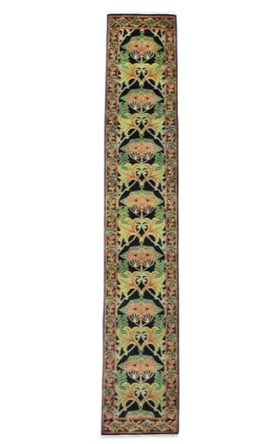 3X14 William Morris Inspired Runner (2'6" x 14'): Hand-knotted, wool pile on a cotton foundation. 2'6" x 14' New Origin: India Field Color: Black Border Color: Black Accent Color: Green, Red-Orange SKU: 89.143-06.22.22-3X14-17-AM295