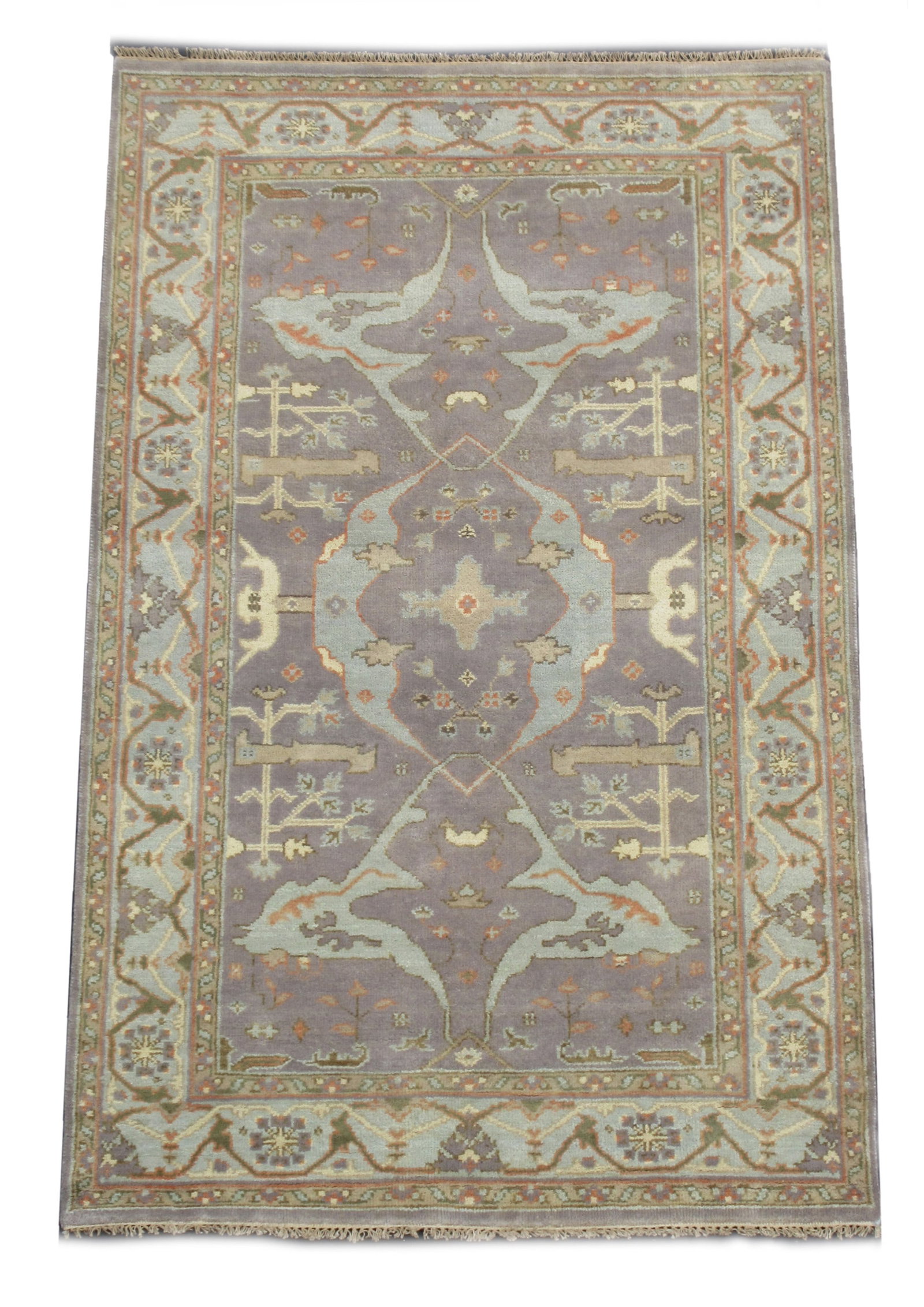 5X8 Gray Oushak Area Rug: Hand-knotted, wool pile on a cotton foundation. Dimensions: 5'1" x 7'10" Origin: India Field Color: Gray Border Color: Aqua Accent Colors: Rust, Green, Ivory SKU: 88.101-03.02.22-5X8-29-AM140-ETMK