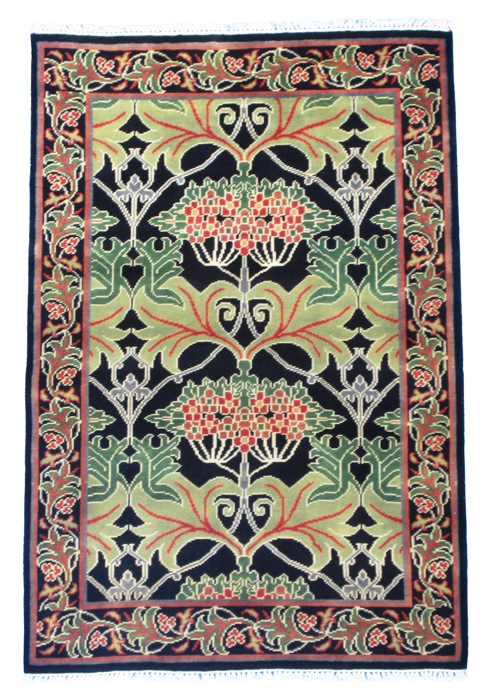4X6 William Morris Inspired Area Rug: Hand-knotted, wool pile on a cotton foundation. 4X6 Origin: India Field Color: Black Border Color: Black Accent Colors: Green, Red-Orange SKU: 89.166-06.22.22-4X6-11-AN018
