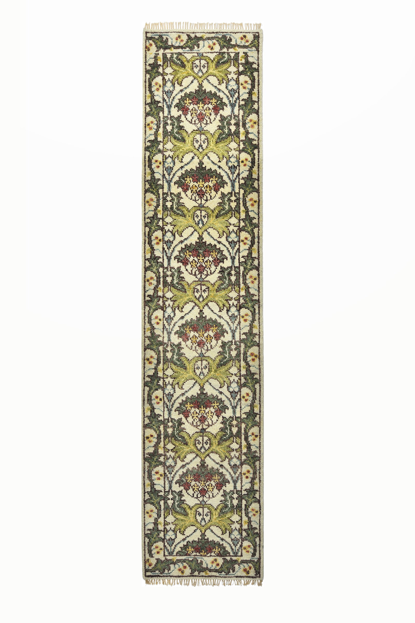 3X10 Ivory William Morris Inspired Runner Area Rug (2'6" x 10'): 2'9" x 10'2" Hand-knotted wool pile on a cotton foundation. Origin: India New Condition: Excellent Field Color: Ivory Border Color: Ivory Accent Colors: Green, Light-Green, Yellow, Red, Blue, Brown No