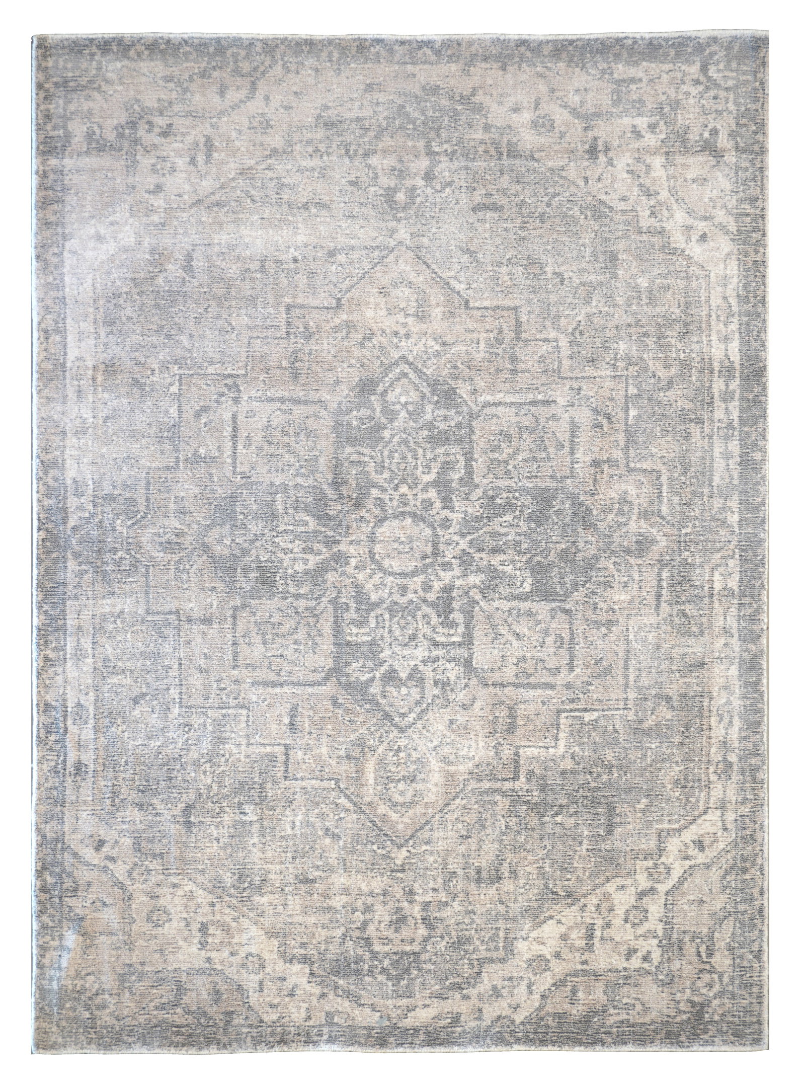 5X8 Handmade Heriz Rug: Handmade wool pile on a cotton foundation. Dimensions: 5'3" x 7'6" New Origin: India Field Color: Beige Border Color: Black Accent Colors: Ivory SKU: 107.04-07.17.24-5X8-24-AQ107