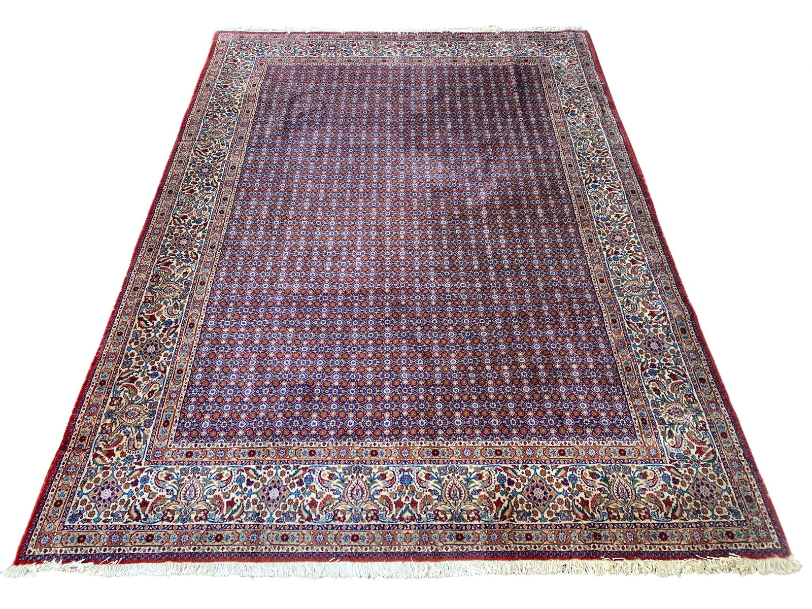 8X11 Estate Fine Persian Tabriz Hand-Knotted Rug, Circa 19980: Hand-knotted wool pile on a cotton foundation. Circa 1980 Dimensions: 8'2" x 11'2" Origin: Iran Condition: Good for its age Field Color: Blue Border Colors: Ivory Accent Colors: Light-Blue, Red, Rust,