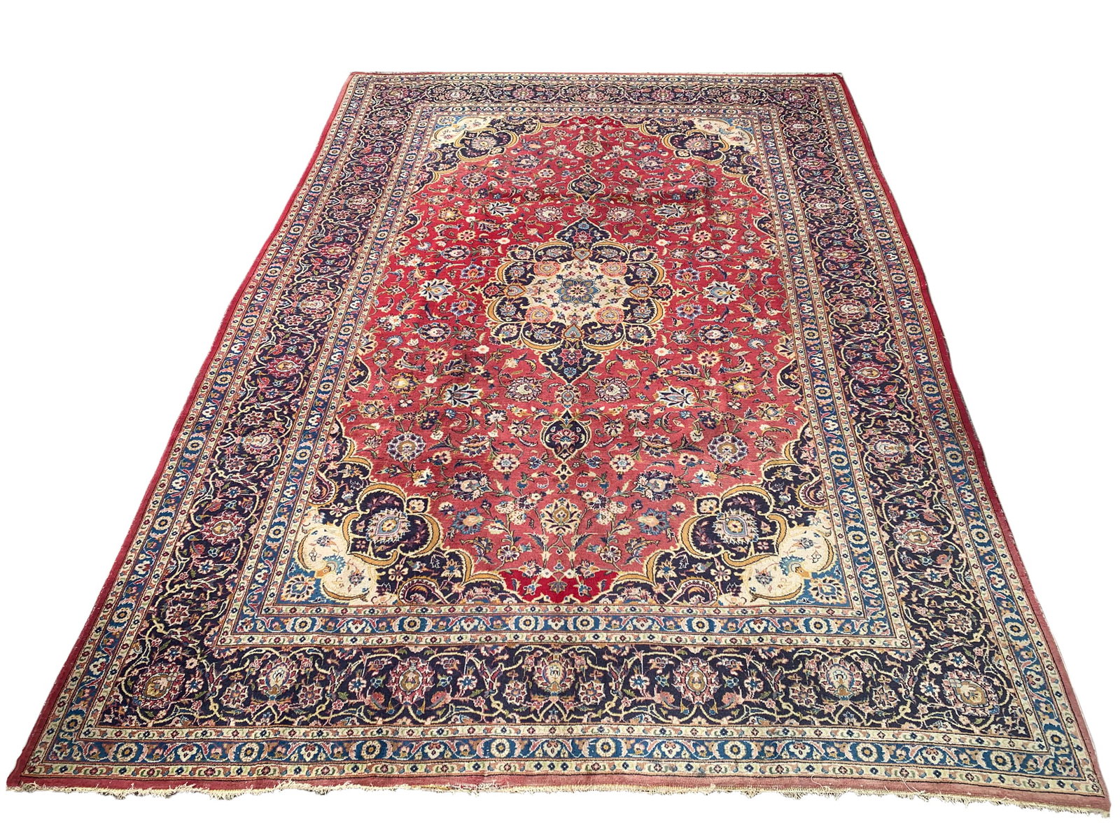8X12 Estate Persian Kashan Hand-Knotted Rug, Circa 1970: Hand-knotted wool pile on a cotton foundation. Circa 1970 Dimensions: 8'4" x 11'9" Origin: Iran Condition: Good for its age Field Color: Cherry-Red Border Colors: Midnight-Blue Accent Colors: Ivory, G
