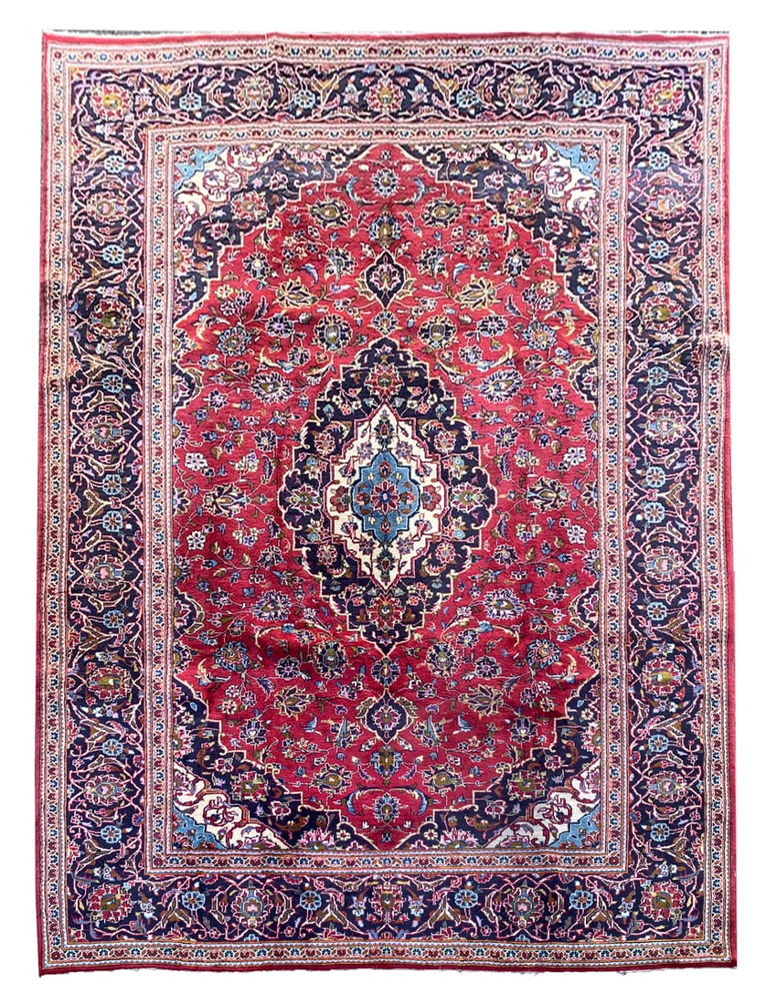 8X12 Estate Persian Kashan Rug, Circa 1990: Hand-knotted wool pile on a cotton foundation. Circa 1990 Dimensions: 8' x 11'8" Origin: Iran Condition: Good for its age Field Color: Red Border Color: Midnight-Blue Accent Colors: Ivory, Light-Blue,