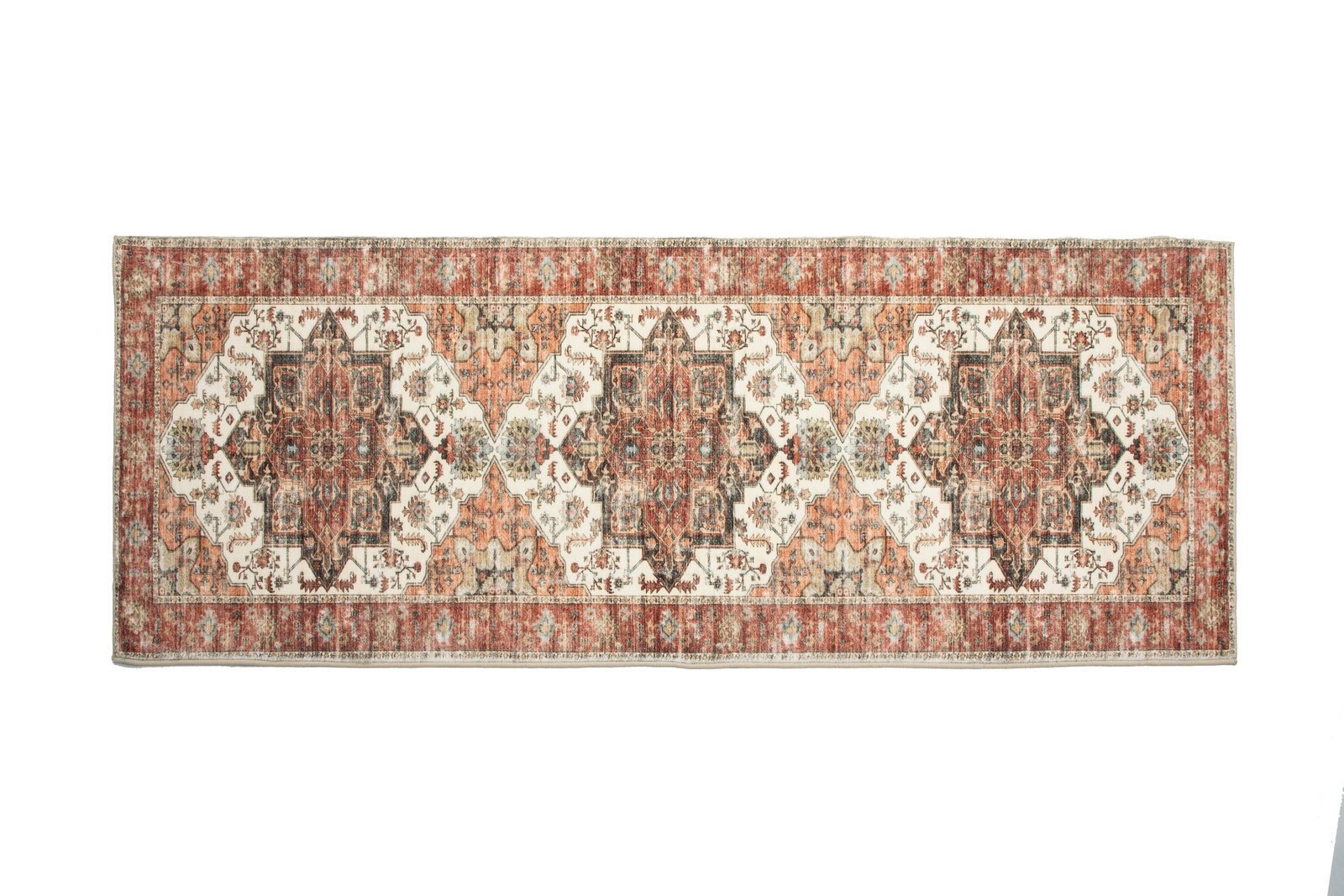 3X8 Serapi Premium 1/4" Pile Ultra Soft Runner with Non-Slip & Padded Backing: Premium ultra soft 1/4" pile with non-slip padded backing. 2'6" x 8' New Origin: China Field Color: Ivory Border Color: Red Accent Colors: Black, Gray, Orange, Brown Tufted art silk pile on a non-slip