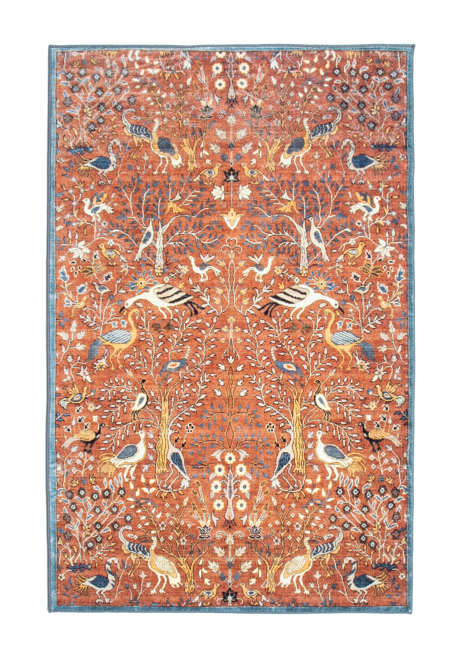 6X9 Burnt-Orange Birds Premium 1/4" Pile Ultra Soft Rug with Non-Slip & Padded Backing: Premium ultra soft 1/4" pile with non-slip and padded backing. 6X9 Origin: ChinaAge: New Condition: Excellent Field Color: Burnt Orange Border Color: Blue Accent Color: Blue, Ivory, Black, Yellow Tuft