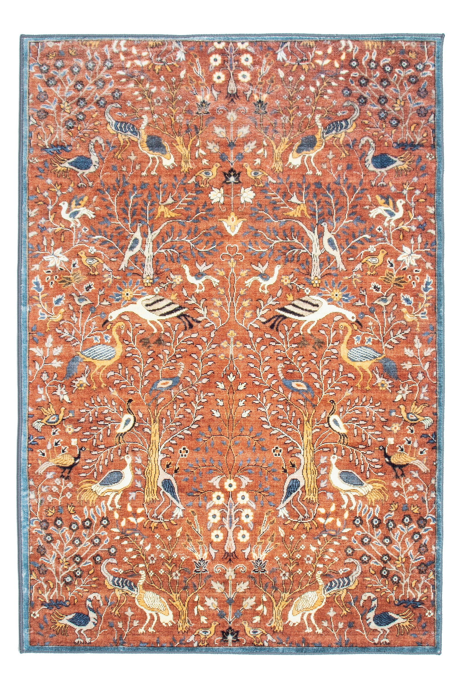 8X10 Burnt-Orange Birds Premium 1/4" Pile Ultra Soft Rug with Non-Slip & Padded Backing: Premium ultra soft 1/4" pile with non-slip and padded backing. 8X10 Origin: ChinaAge: New Condition: Excellent Field Color: Burnt Orange Border Color: Blue Accent Color: Blue, Ivory, Black, Yellow Tuf