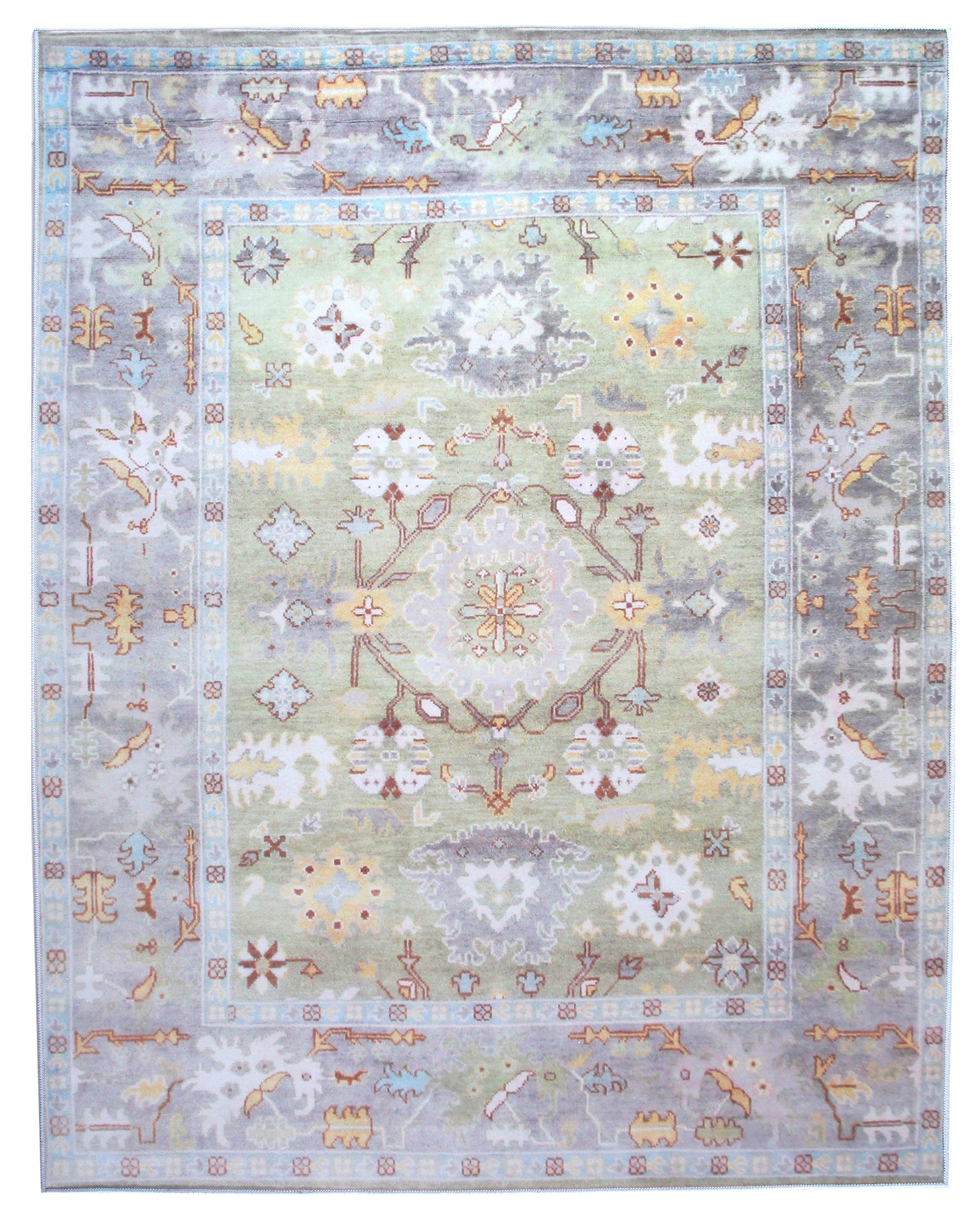 8X10 Green Oushak Machine Washable Area Rug: Machine Washable Approximate Dimensions: 8' x 10' Origin: China Field Color: Light-Green Border Color: Gray Accent Colors: Brown, Ivory, Light-Blue, Rust SKU: 96.21-01.16.23-8X10-15-AN152