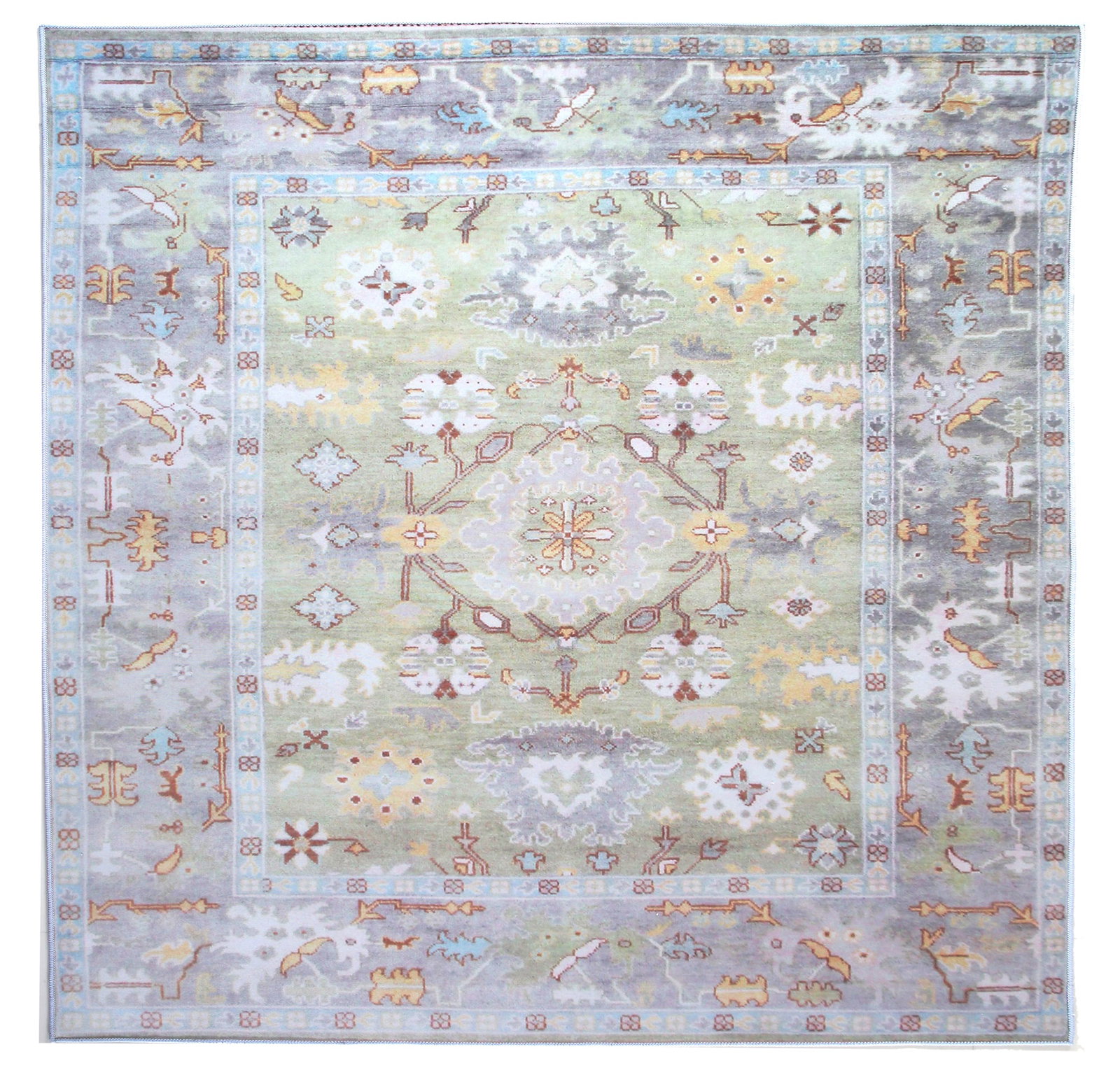 8X8 Square Green Oushak Machine Washable Area Rug: Machine Washable Approximate Dimensions: 8' x 8' Origin: China Field Color: Light-Green Border Color: Gray Accent Colors: Brown, Ivory, Light-Blue, Rust SKU: 96.22-01.16.23-8X8-12-AN153