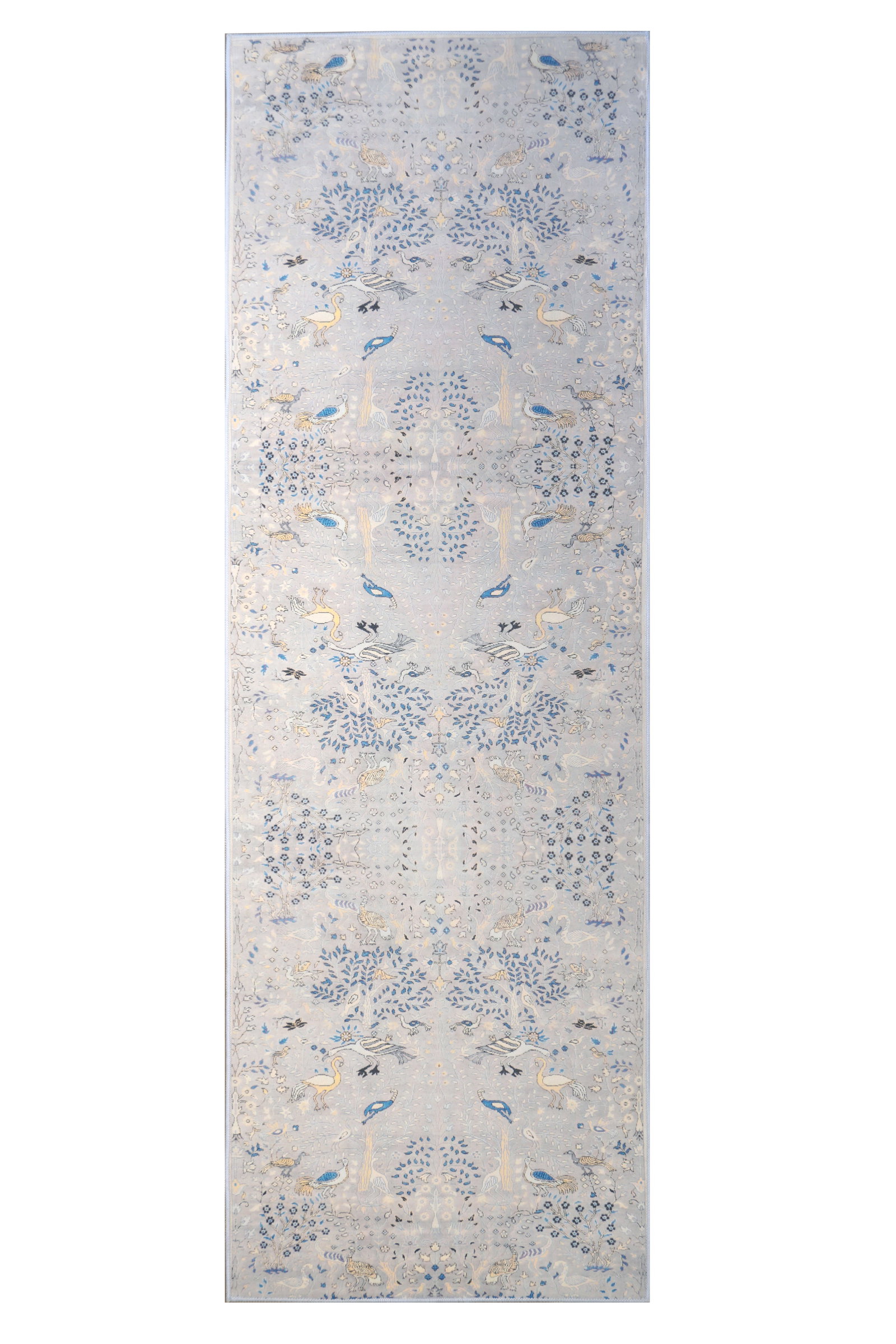 3X10 Modern Gray Bird Design Machine Washable Runner (2'6" x 10'): Machine Washable Approximate Dimensions: 2'6" x 10' Origin: China Field Color: Pale-Gray Border Color: Pale-Gray Accent Colors: Light-Blue, Blue, Charcoal, Beige SKU: 96.30-01.16.23-3X10-5-AN161