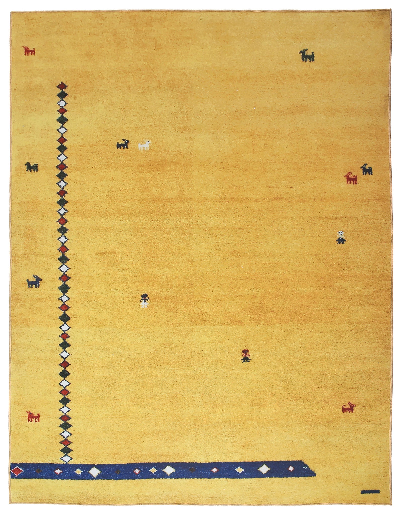 6X9 Gabbeh Machine Washable Rug Boy, Girl, Goat Design: Machine Washable Approximate Dimensions: 6' x 9' Origin: China Field Color: Gold Accent Colors: Blue, Green, Red, Ivory SKU: 96.32-01.16.23-6X9-10-AN163