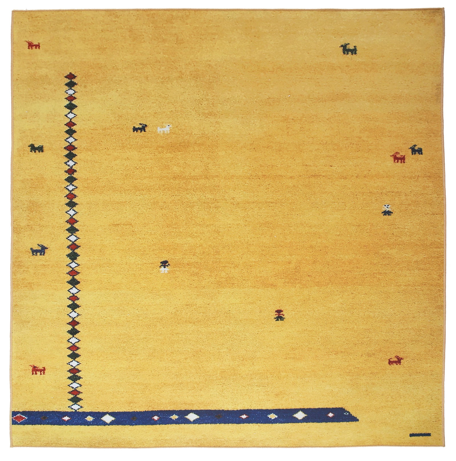 8X8 Square Gabbeh Machine Washable Rug Boy, Girl, Goat Design: Machine Washable Approximate Dimensions: 8' x 8' Origin: China Field Color: Gold Accent Colors: Blue, Green, Red, Ivory SKU: 96.34-01.16.23-8X8-12-AN165