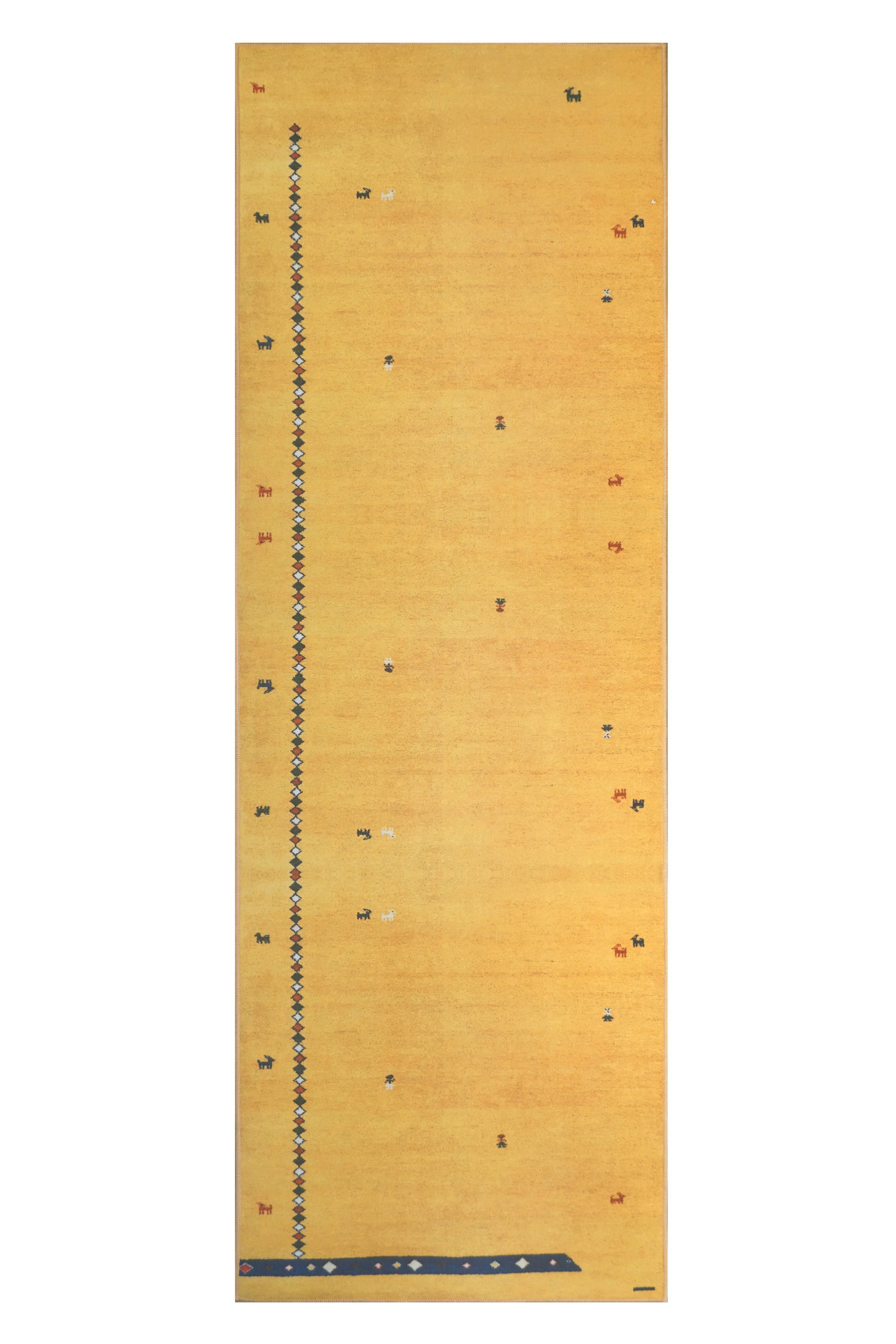3X10 Gabbeh Machine Washable Runner Boy, Girl, Goat Design (2'6" x 10'): Machine Washable Approximate Dimensions: 2'6" x 10' Origin: China Field Color: Gold Accent Colors: Blue, Green, Red, Ivory SKU: 96.36-01.16.23-3X10-5-AN167