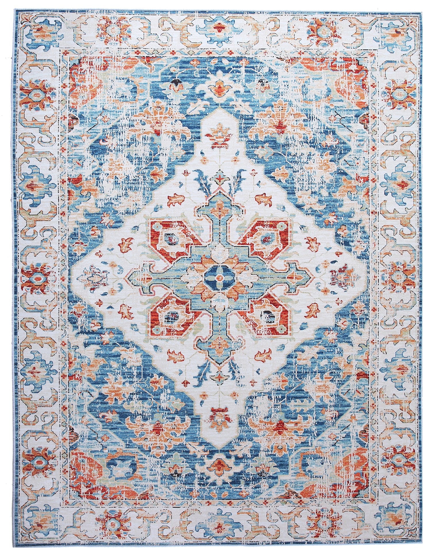 8X10 Modern Distressed Heriz Machine Washable Rug: Machine Washable Approximate Dimensions: 8' x 10' Origin: China Field Color: Ivory Border Color: Ivory Accent Colors: Blue, Rust, Light-Green, Orange SKU: 96.39-01.16.23-8X10-15-AN170