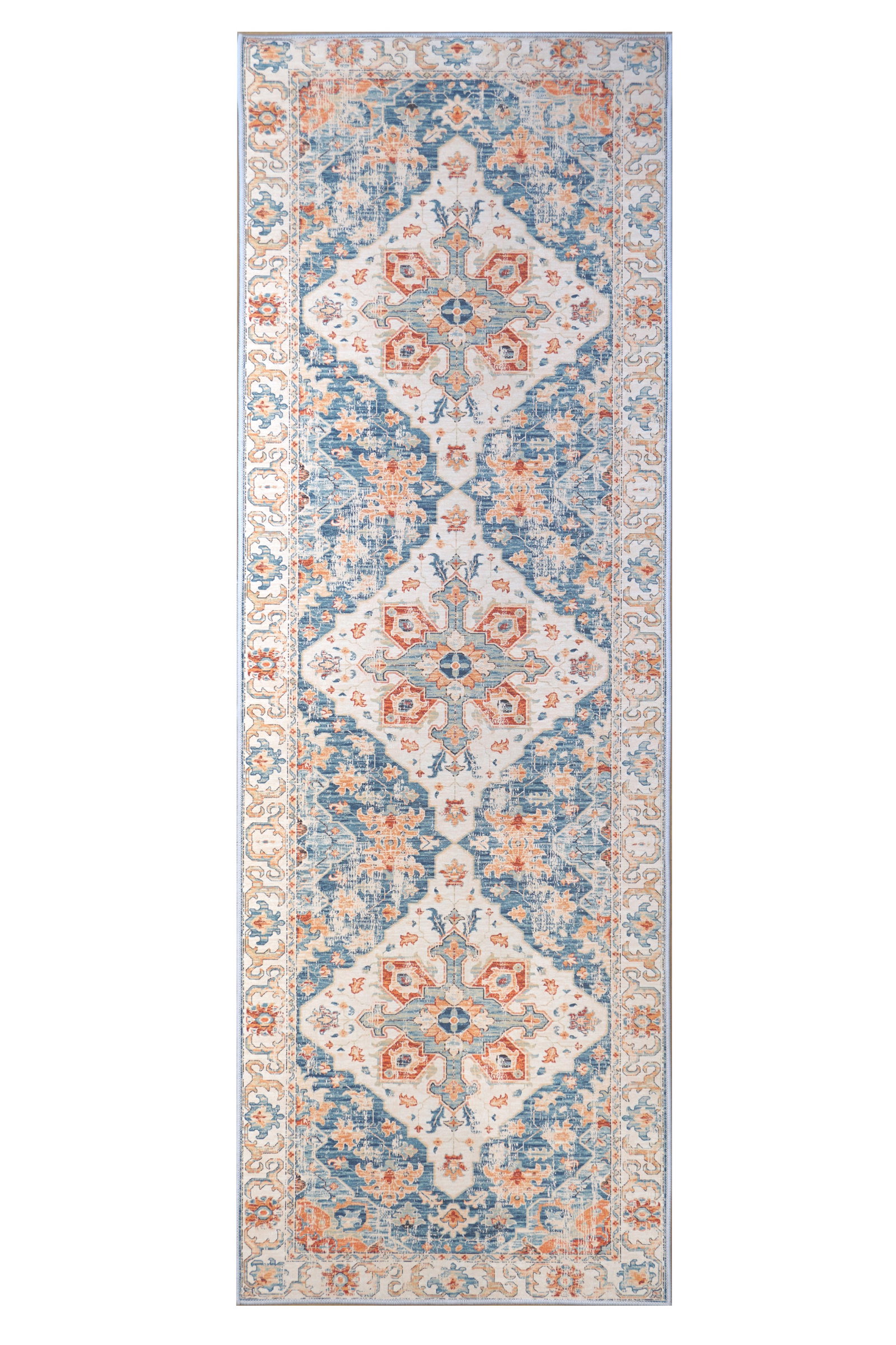 3X10 Modern Distressed Heriz Machine Washable Runner (2'6" x 10'): Machine Washable Approximate Dimensions: 2'6" x 10' Origin: China Field Color: Ivory Border Color: Ivory Accent Colors: Blue, Rust, Light-Green, Orange SKU: 96.42-01.16.23-3X10-5-AN173