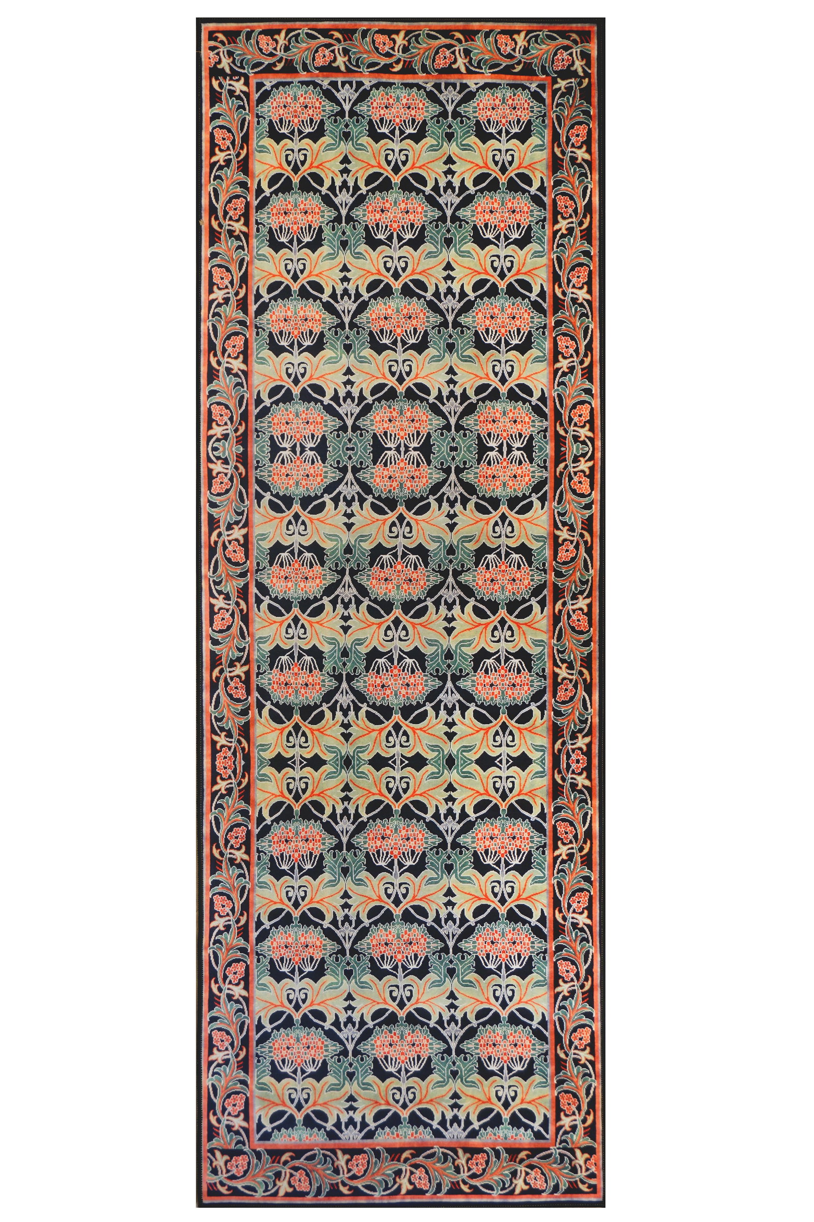 3X10 Black William Morris Inspired Machine Washable Rug (2'6" x 10'): Machine Washable Approximate Dimensions: 2'6" x 10' Origin: China Field Color: Black Border Color: Black Accent Colors: Green, Red, Orange, Gray SKU: 96.54-01.16.23-3X10-5-AN185