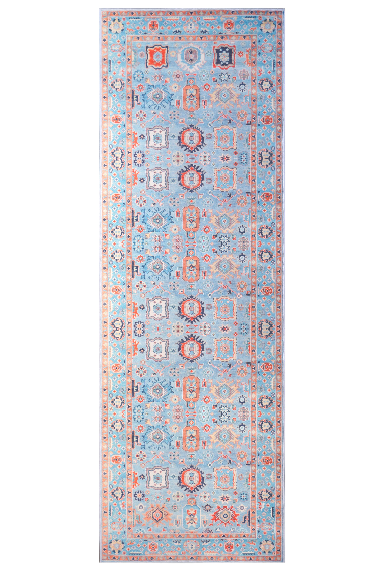 3X10 Square Modern Blue Oushak Machine Washable Runner (2'6" x 10'): Machine Washable Approximate Dimensions: 2'6" x 10' Origin: China Field Color: Blue Accent Colors: Red, Navy, Ivory SKU: 96.60-01.16.23-3X10-5-AN191