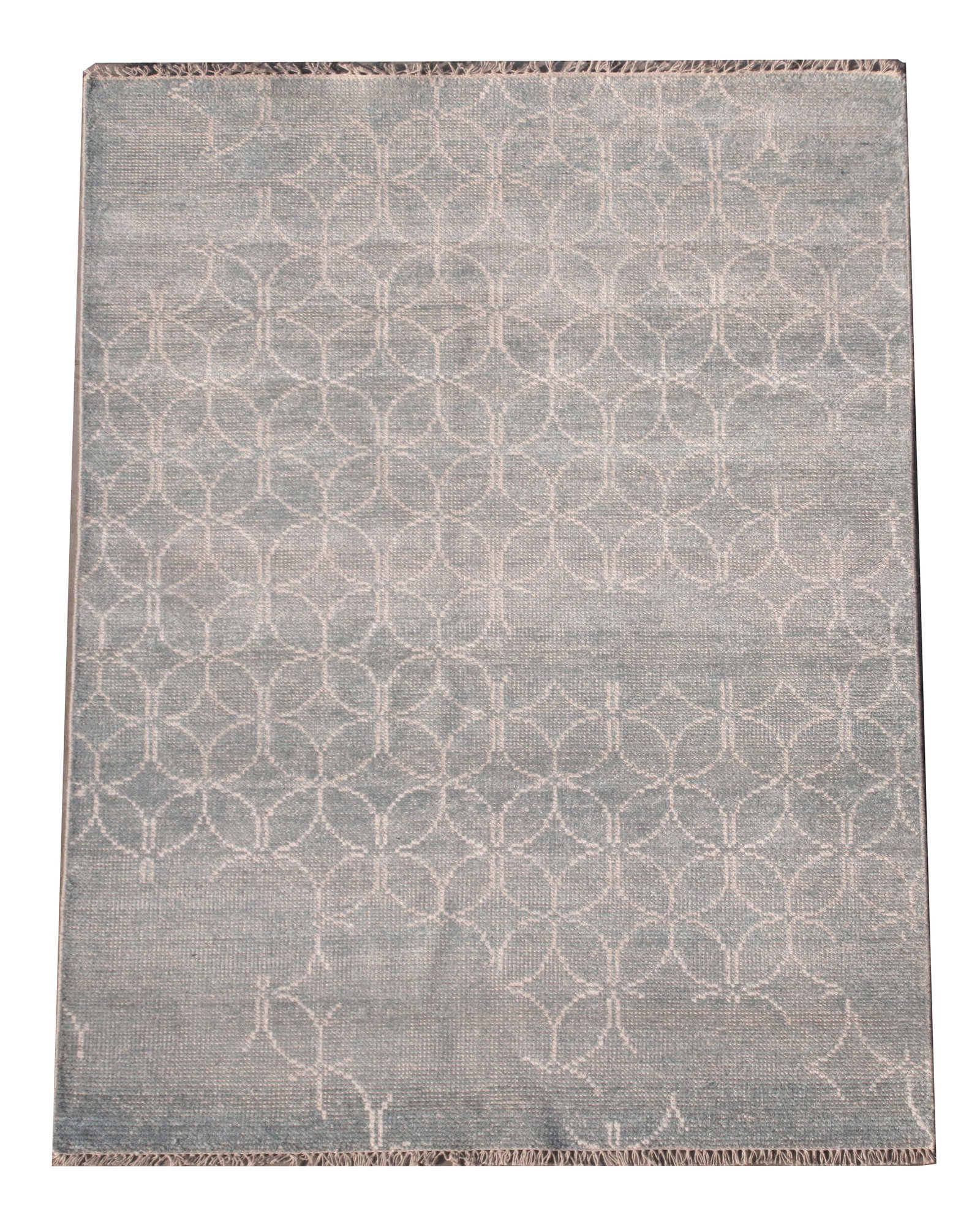 6X8 Blue Modern Area Rug Zero Pile Broken Design: Hand-knotted wool pile on a cotton foundation. New Dimensions: 5'5" x 7'7" Origin: India Field Color: Light-Blue Accent Colors: Ivory SKU: 71.104-08.14.20-5X8-AJ030-MEA