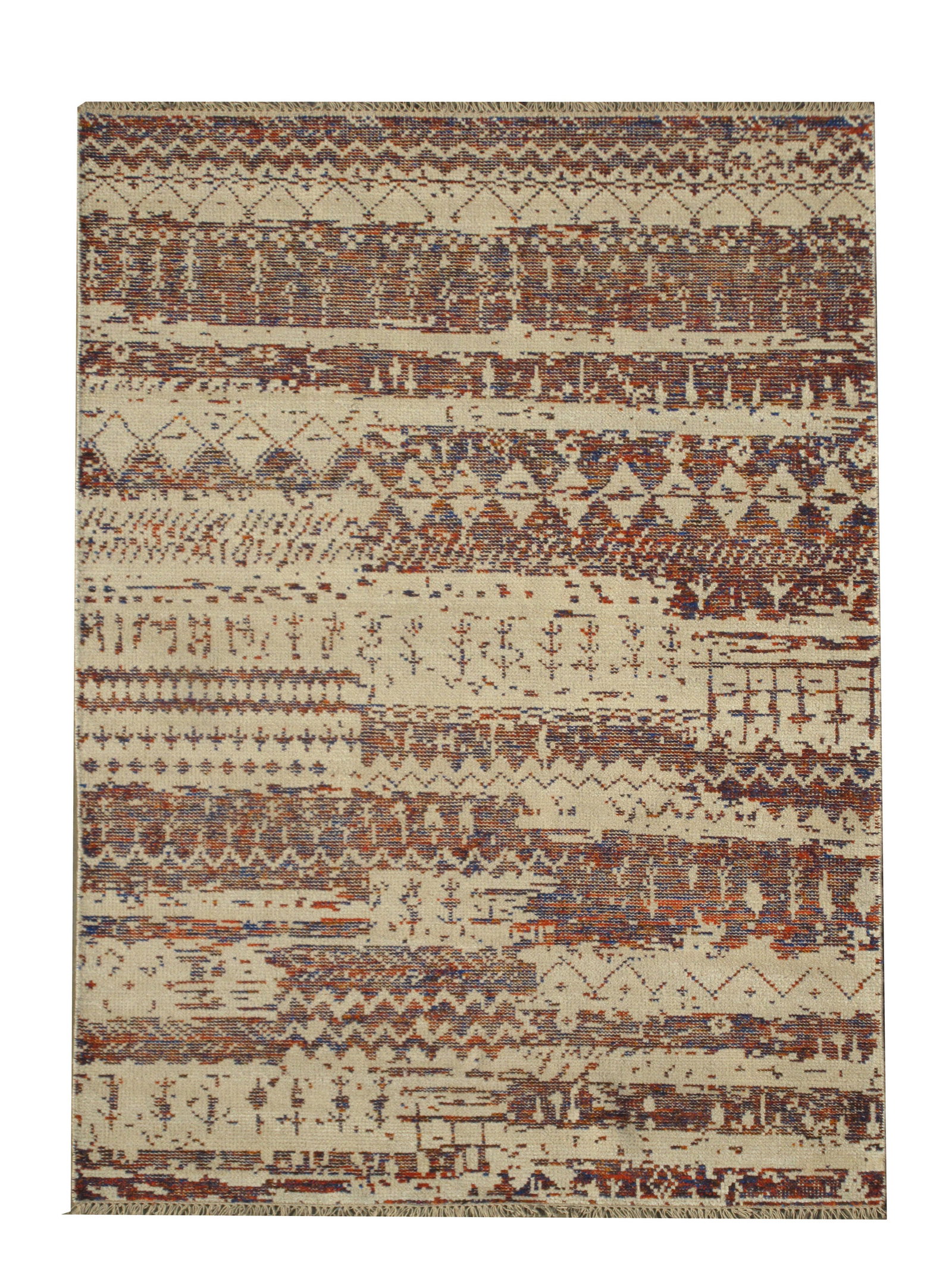 6X8 Modern Area Rug: Hand-knotted wool pile on a cotton foundation. Dimensions: 5'6" x 7'9" Origin: India Field Color: Ivory Accent Colors: Multicolored SKU: 71.96-08.14.20-6X8-AJ022