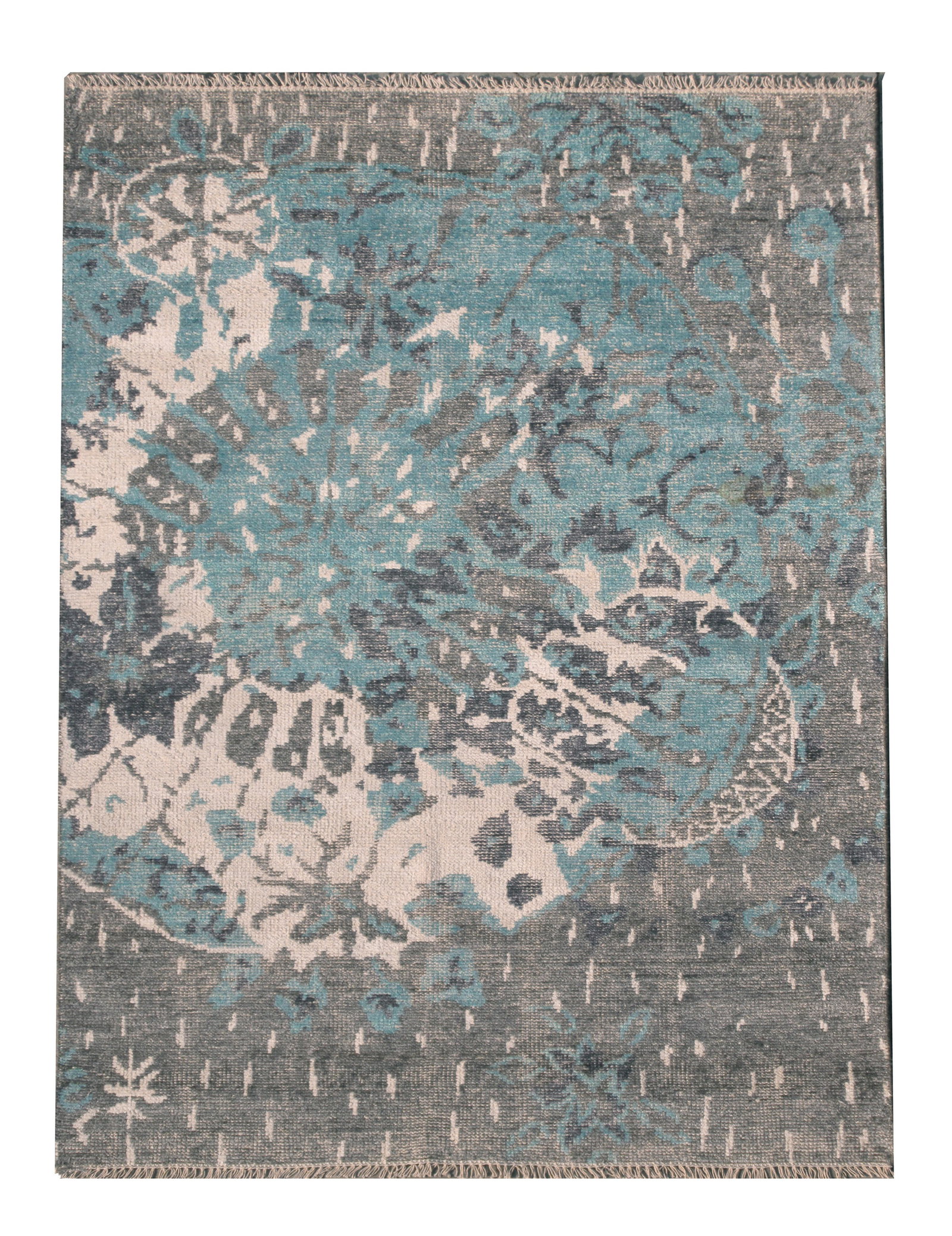 6X8 Contemporary Area Rug: Hand-knotted wool pile on a cotton foundation. Dimensions: 5'6" x 7'11" Origin: India Field Color: Gray Accent Colors: Blue, Light-Blue, Ivory SKU: 71.97-08.14.20-6X8-AJ023