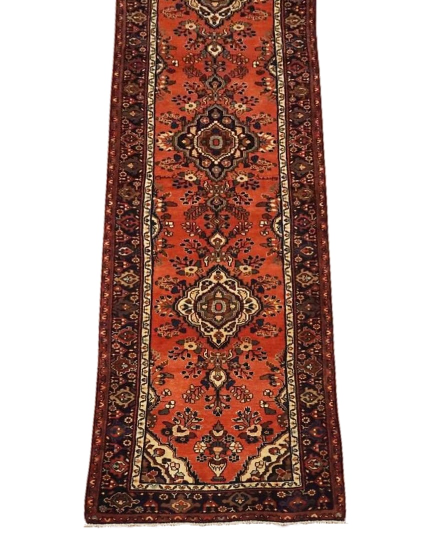 3X15 Signed Lilihan Abrash Runner, circa 1940: Hand-knotted, abrash wool pile on a cotton foundation. Circa 1940 Dimensions: 3'5" x 6'3" Origin: Iran Condition: Excellent Field Color: Rustish-Red Border Color: Midnight-Blue Accent Colors: Light-Br