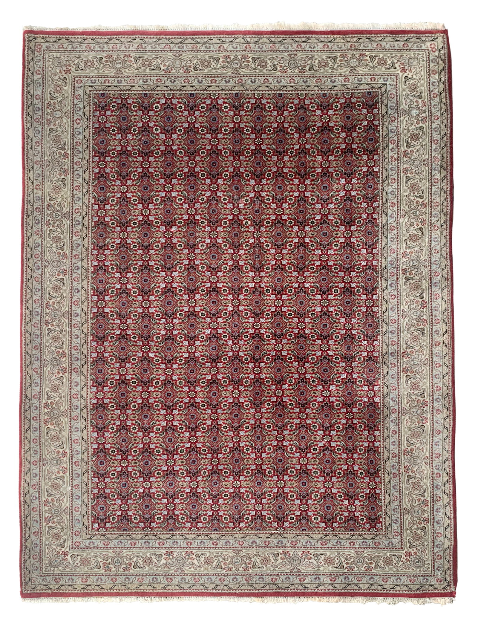 4X6 Wool & Silk Tabriz Mahi Rug: Hand-knotted wool and silk pile on a cotton foundation. Circa 2000 Dimensions: 3'11" x 5'11" Origin: India Condition: Excellent for its age Field Color: Burgundy Border Color: Ivory Accent Colors: