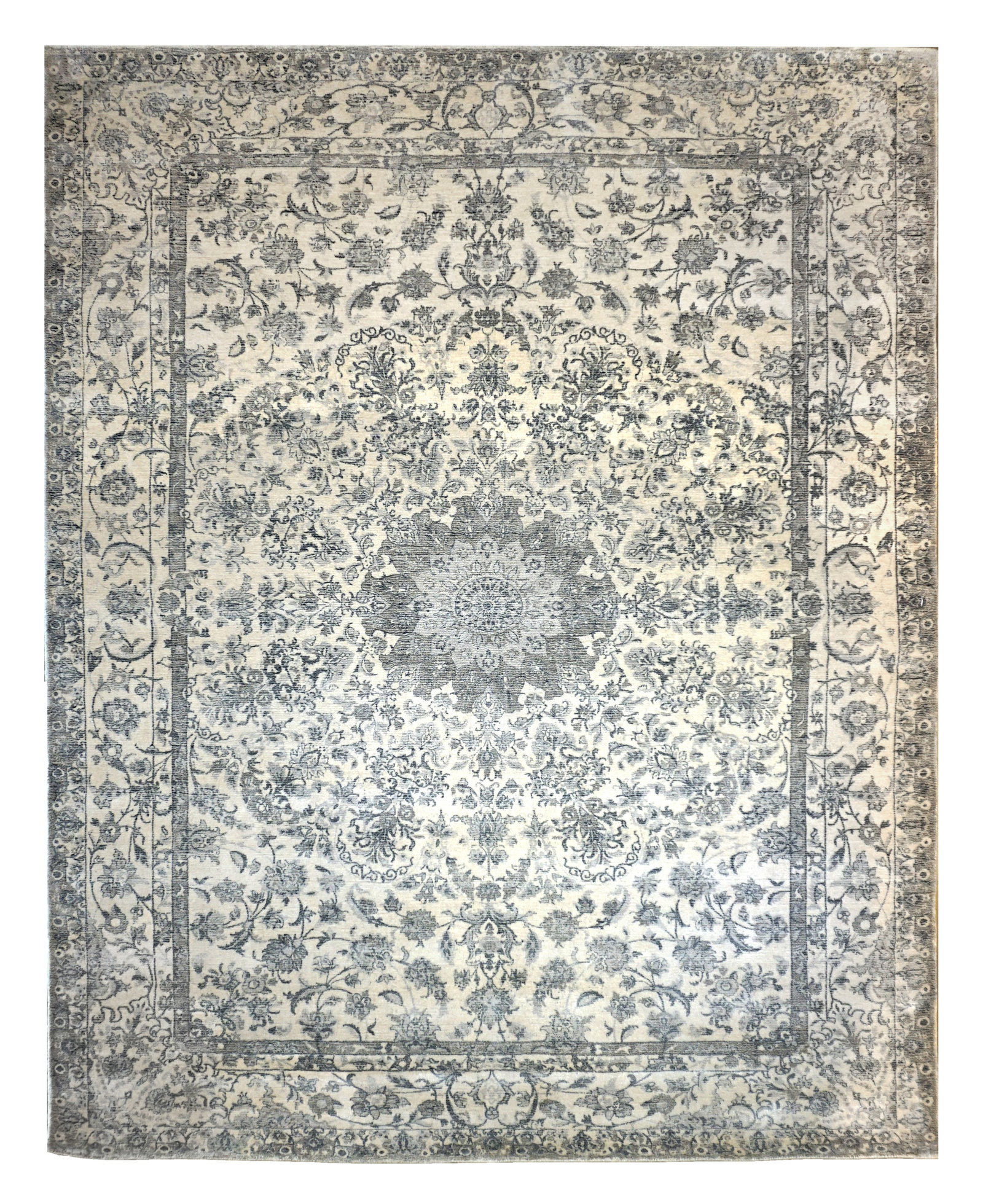 8X10 Naein Ivory Handmade Wool Area Rug: Handmade wool pile on a cotton foundation. Dimensions: 8' x 10' New Origin: India Field Color: Ivory Border Color: Ivory Accent Colors: Gray, Blue SKU: 107.01-07.17.24-8X10-58-AQ104