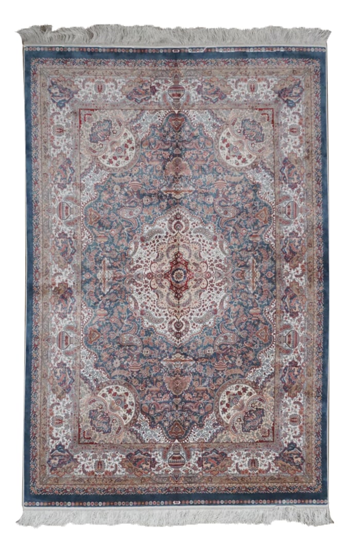 5X8 Tufted Tabriz Pure Silk Area Rug, 1000 KPSI: Tufted art silk in an art silk foundation. (1000 KPSI) New Dimensions: 5'3" x 7'7" Origin: Turkey Field Color: Gray Border Color: Ivory Accent Colors: Light-Brown, Rose, Red SKU: 99.14-05.10.23-5X8-22