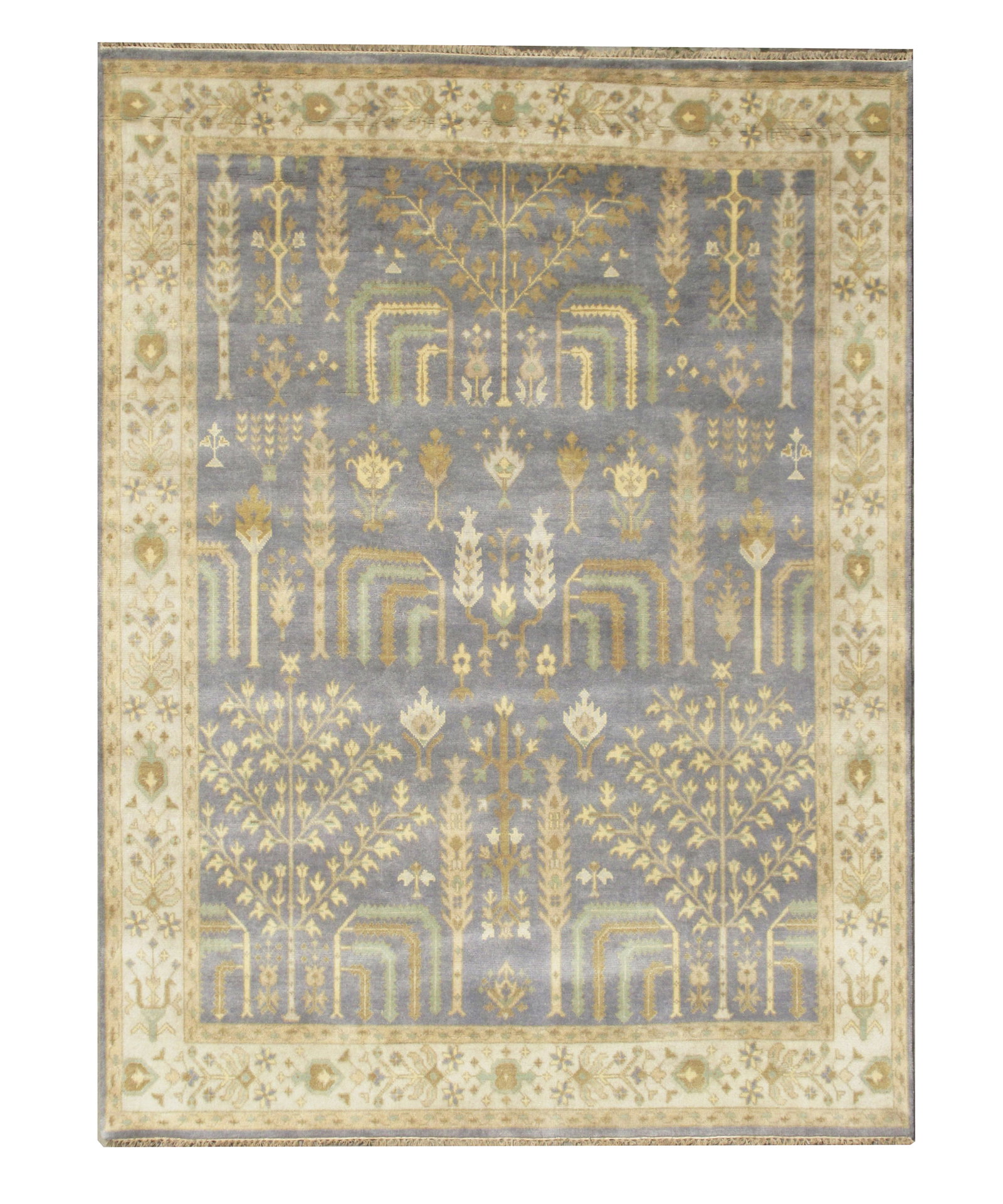 8X10 Gray Oushak Area Rug Willow Palm Tree: Hand-knotted wool pile on a cotton foundation. Dimensions: 8'2" x 9'9" New Origin: India Field Color: Slate-Gray Border Color: Beige Accent Colors: Green, Gold, Yellow, Brown