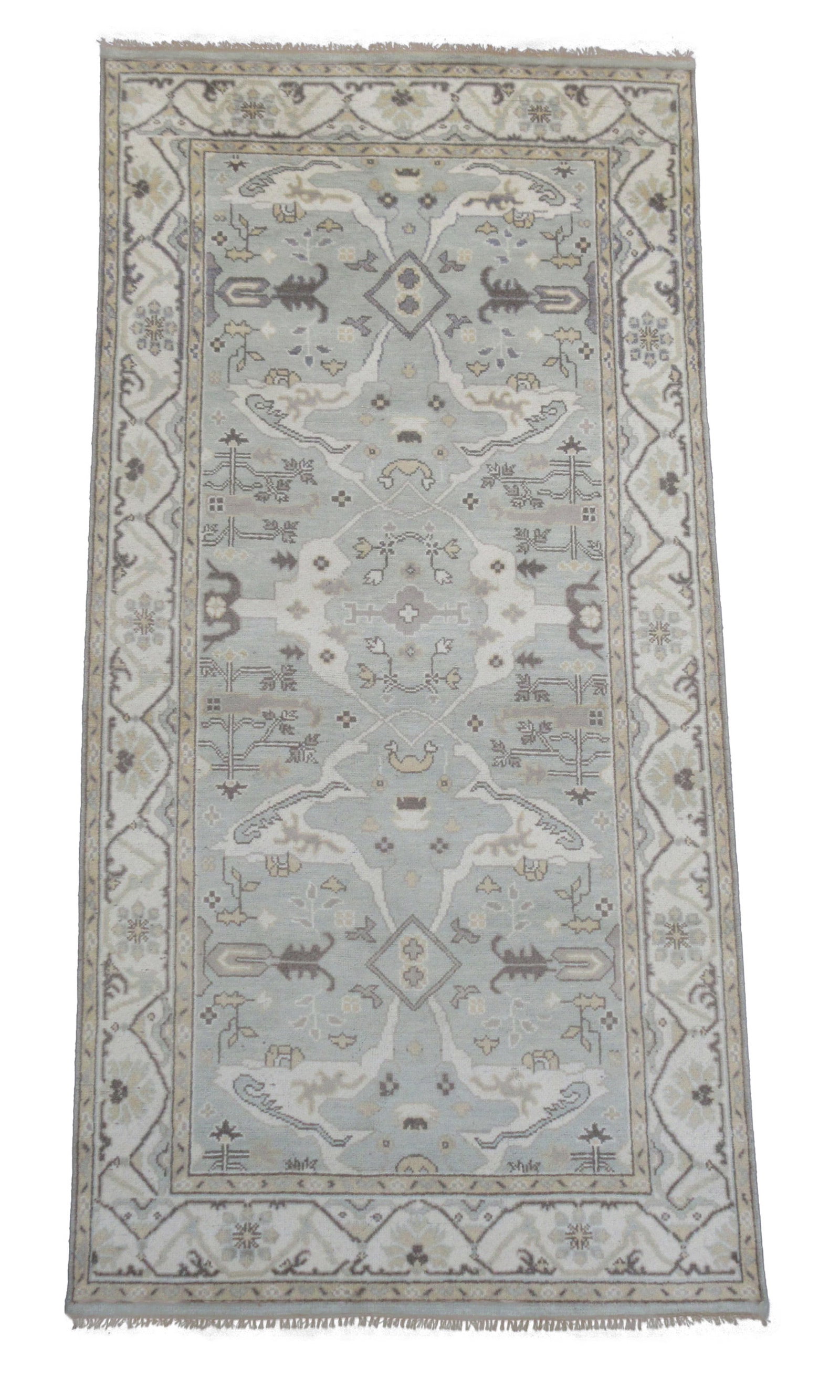 6X12 Oushak Gallery Runner: Hand-knotted, wool pile on a cotton foundation. Dimensions: 6' x 12'2" Origin: India Field Color: Pale-Green-Gray Border Color: Ivory Accent Colors: Brown, Gray SKU: 88.24-03.02.22-6X12-38-AM063-ETMK