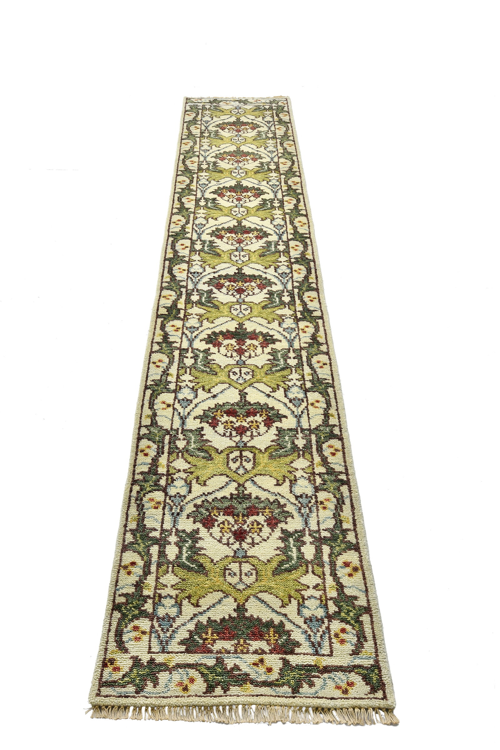 3X16 Ivory William Morris Inspired Runner Area Rug: 2'8" x 18' Hand-knotted wool pile on a cotton foundation. Origin: India New Condition: Excellent Field Color: Ivory Border Color: Ivory Accent Colors: Green, Light-Green, Yellow, Red, Blue, Brown