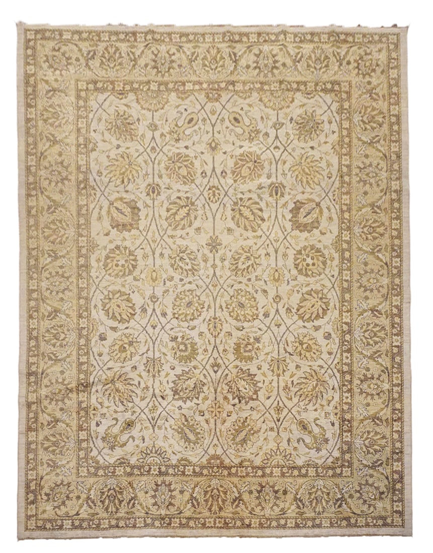 9X11 Pak Chobi Peshawar Hand-Knotted Rug: Hand-knotted wool pile on a cotton foundation. Dimensions: 8'11" x 11'3" Origin: India Field Color: Light-Brown, Cream Border Color: Light-Gold Accent Colors: Brown, Light-Olive, Charcoal SKU: