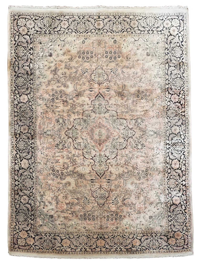 6X9 Vintage Silk Kashmir Rug: Size: 6' x 9'1" Origin: Kashmir Age: 1970's Condition: Excellent for its age Field Color: Dusty-Rose Border Color: Black Accent Color: Light-Blue Technique: Hand-Knotted Pile: Silk Foundation: Cotton