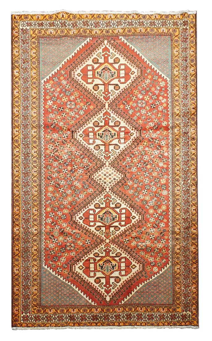 6X10 Ghashghaei Tribal Gallery Runner, circa 1930: Hand-knotted wool pile on a cotton foundation. Circa 1930 Dimensions: 5'6" x 10'1" Origin: Iran Condition: Excellent Field Color: Rust-Red Border Color: Ivory Accent Colors: Orange, Black, Green, Brow