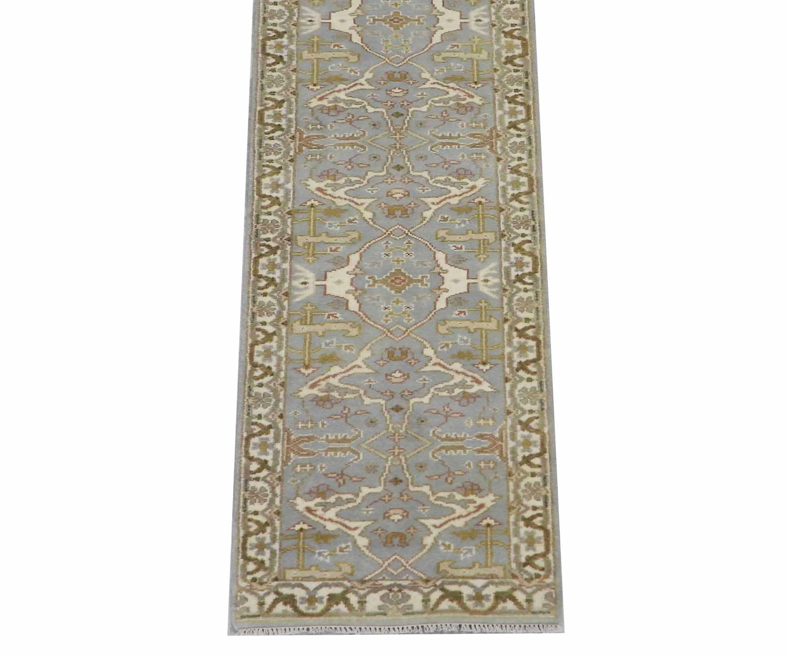 3X21 Oushak Runner: Hand-knotted wool pile on a cotton foundation. Dimensions: 2'6" x 21'5" Origin: India Field Color: Light-Blue Border Color: Ivory SKU: 78.04-03.12.21-3X21-40-AK014