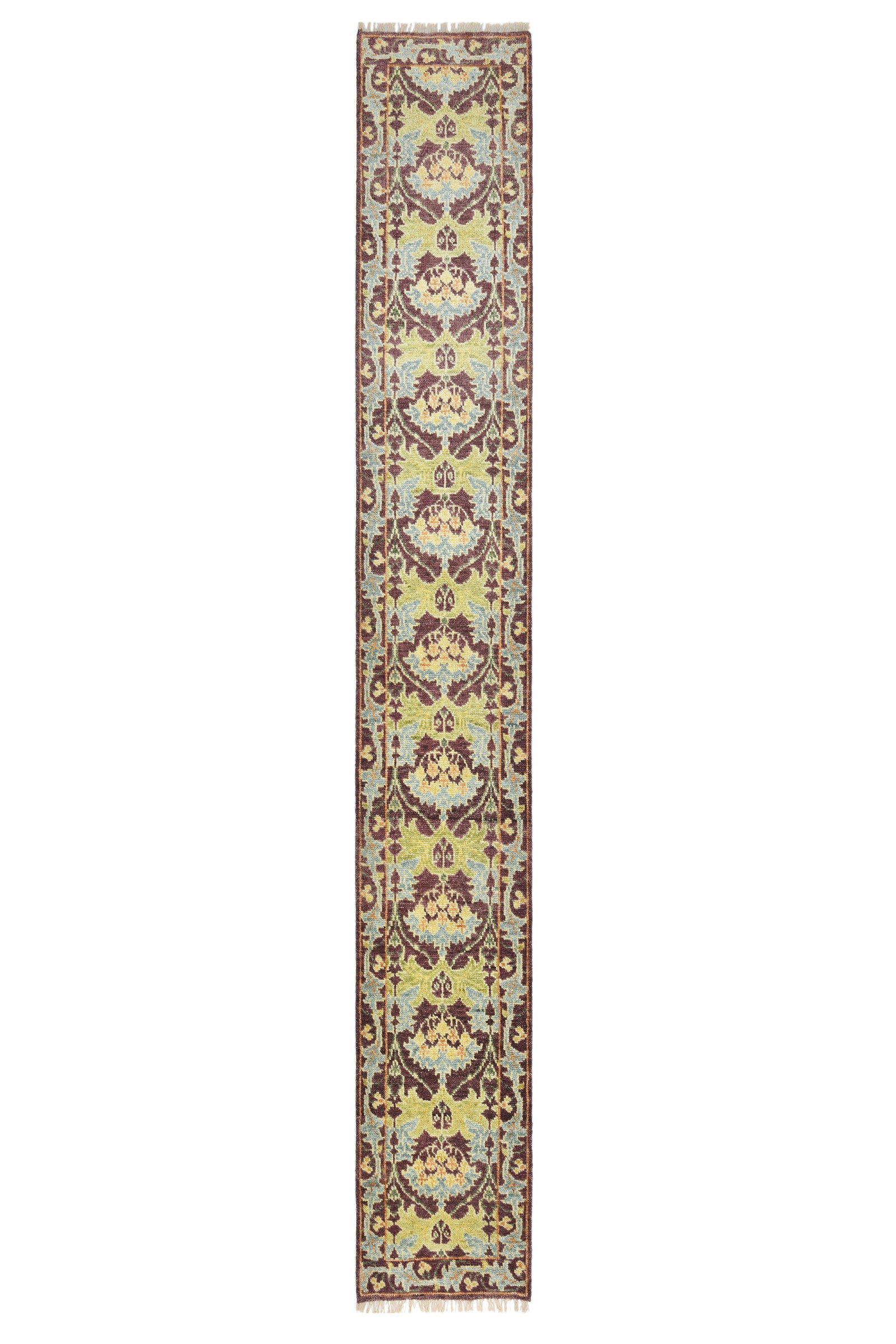3X18 Burgundy William Morris Inspired Area Rug: Hand-knotted, wool pile on a cotton foundation. Approximately 2'6" x 18' Origin: India Field Color: Burgundy Border Color: Burgundy Accent Colors: Ivory, Blue, Green, Gold, Burnt-Orange SKU: 98.26-03.