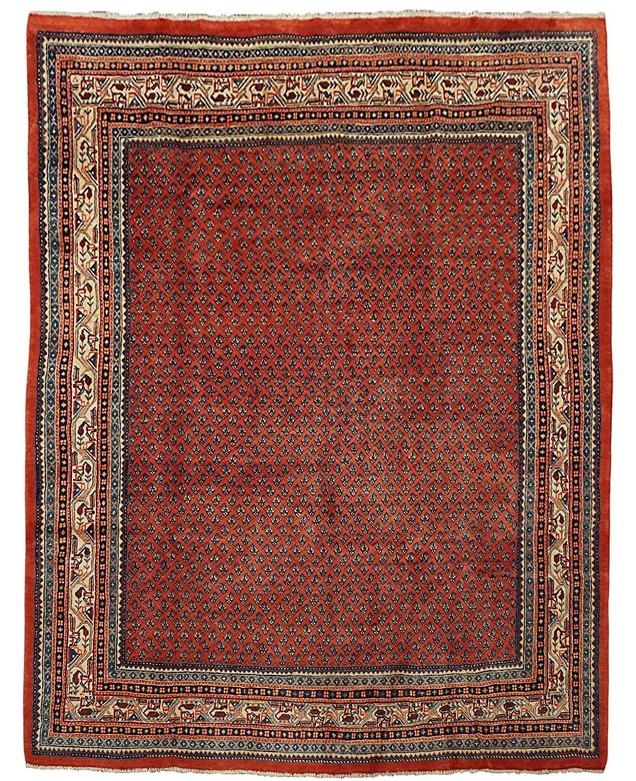 7X9 Saraband Sarouq Mir Rug, Circa 1970's: Hand-knotted wool pile on a cotton foundation. Circa 1970 Dimensions: 6'10" x 8'10" Origin: Iran Condition: Excellent Field Color: Red Border Color: Ivory Accent Colors: Royal-Blue, Navy-Blue, Dusty-R
