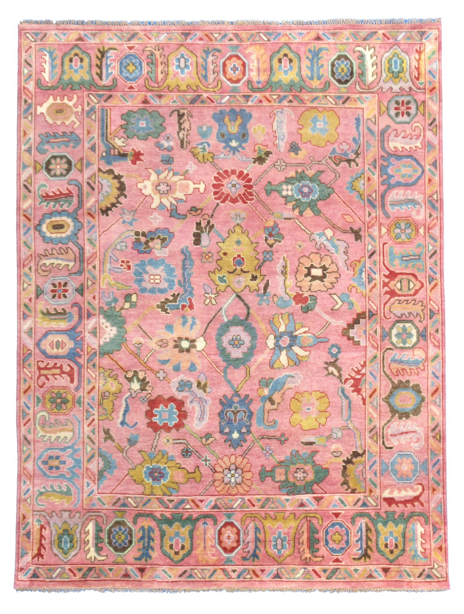 10X14 Pink Oushak Hand-Knotted Wool Rug: Hand-knotted, wool pile on a cotton foundation. Approximate Size: 10X14 New Origin: India Field Color: Pink Border Color: Pink Accent Color: Blue, Ivory, Brown, Red, Green SKU: 103F.18-R27-09.28.23-10