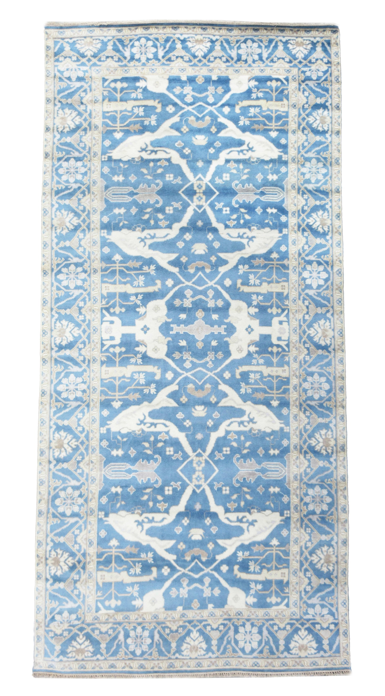 8X16 Blue Oushak Gallery Runner: Hand-knotted, wool pile on a cotton foundation. Dimensions: 8'1" x 15'10" Origin: India Field Color: Blue Border Color: Blue Accent Colors: Brown, Ivory SKU: 88.06-03.02.22-8X16-71-AM045-ETMK