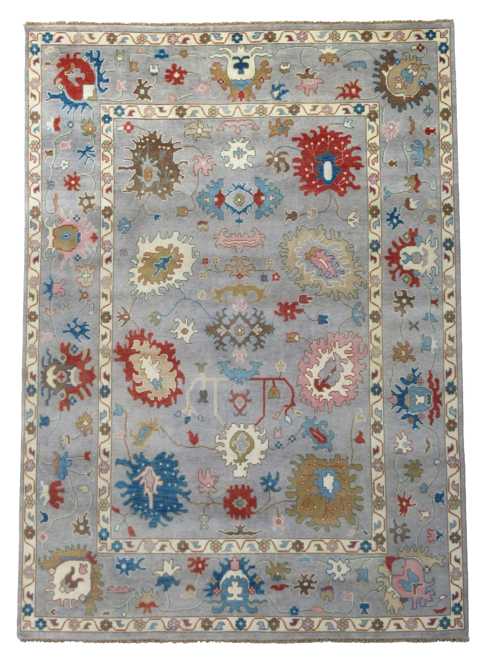 10X14 Silver Oushak Area Rug: Hand-knotted, wool pile on a cotton foundation. Dimensions: 10'1" x 13'11" Origin: India Field Color: Silver Border Color: Silver Accent Colors: Red, Pink, Blue, Ivory SKU: 88.56-03.02.22-10X14-90-AM0
