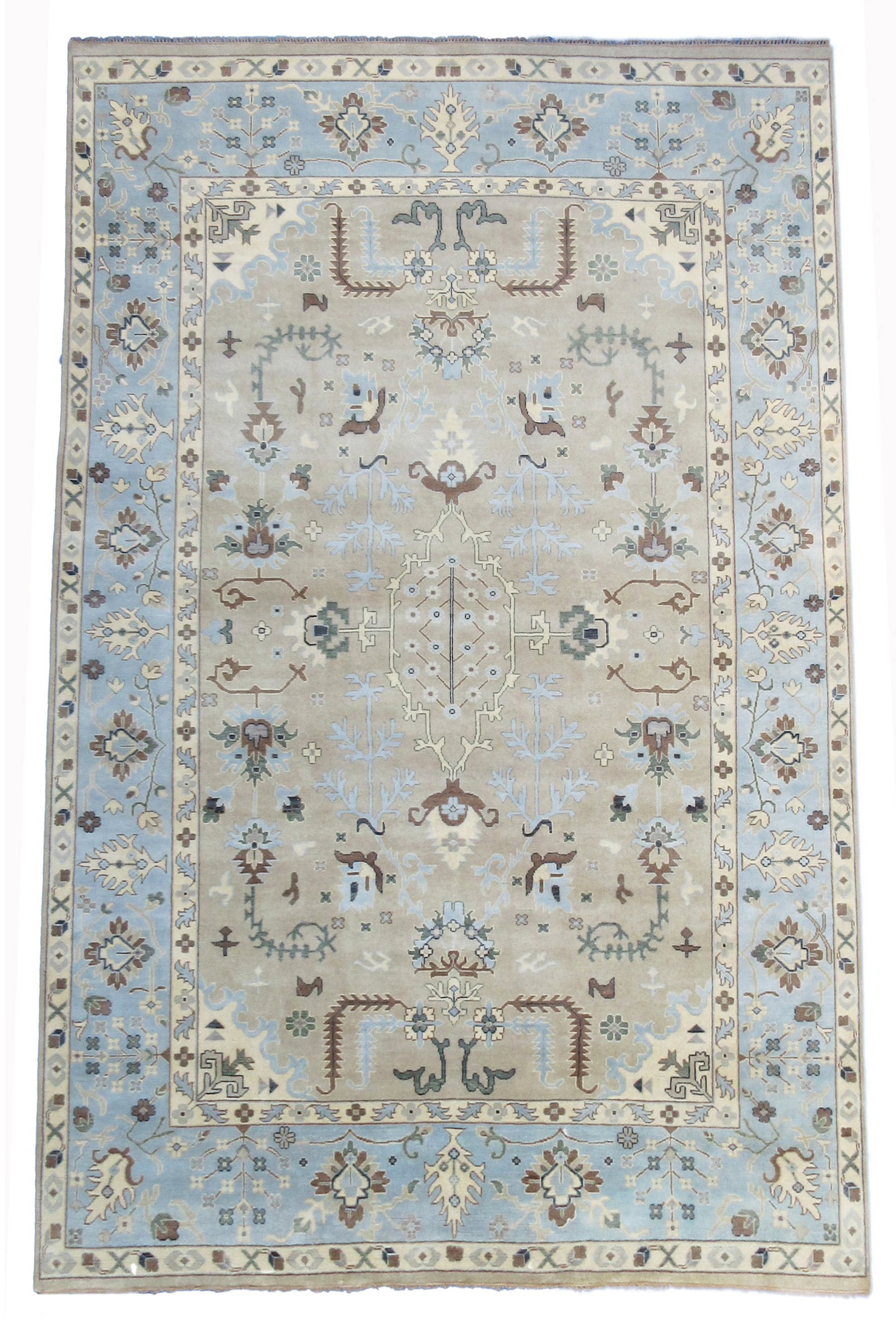 12X18 Beige Oushak: Hand-knotted, wool pile on a cotton foundation. Dimensions: 12'3" x 18' Origin: India Field Color: Beige Border Color: Light-Blue Accent Colors: Brown SKU: 89.50-06.22.22-12X18-129-AM202