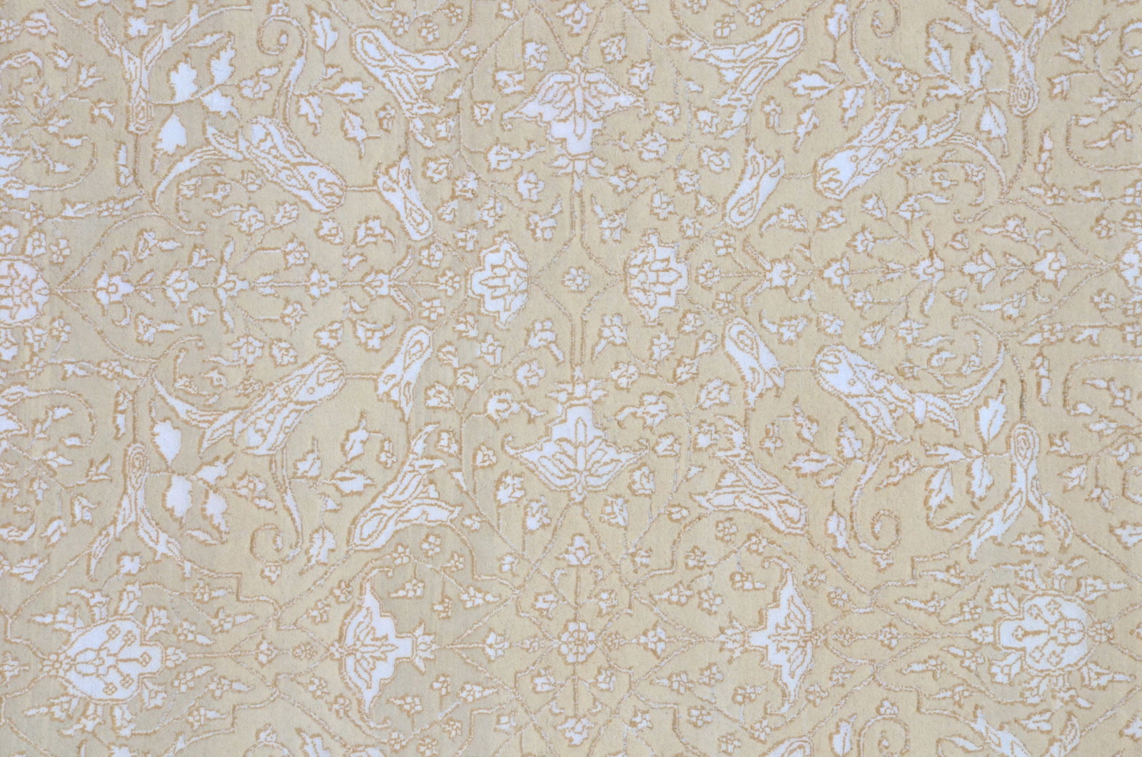 9X12 Fine Modern Persian Wool & Silk Rug: Hand-knotted, wool pile on a cotton foundation. Dimensions: 8'10" x 11'10" Origin: India Field Color: Beige Border Color: Beige Accent Colors: Ivory SKU: 82.04-05.25.21-9X12-AL038-EMKTF